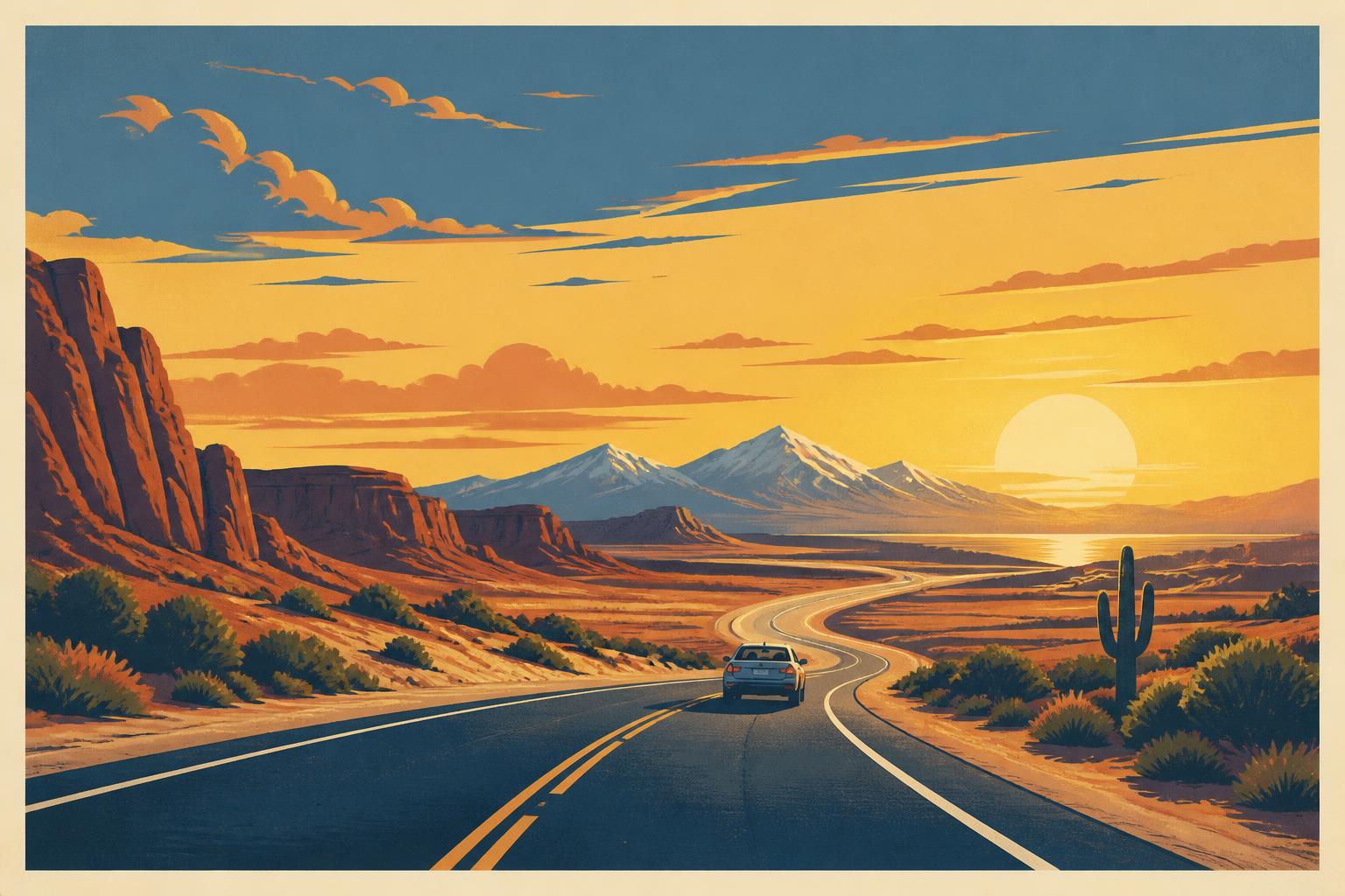 Póster ilustrado estilo retro de una carretera abierta de Estados Unidos al atardecer con un auto pequeño rumbo al horizonte