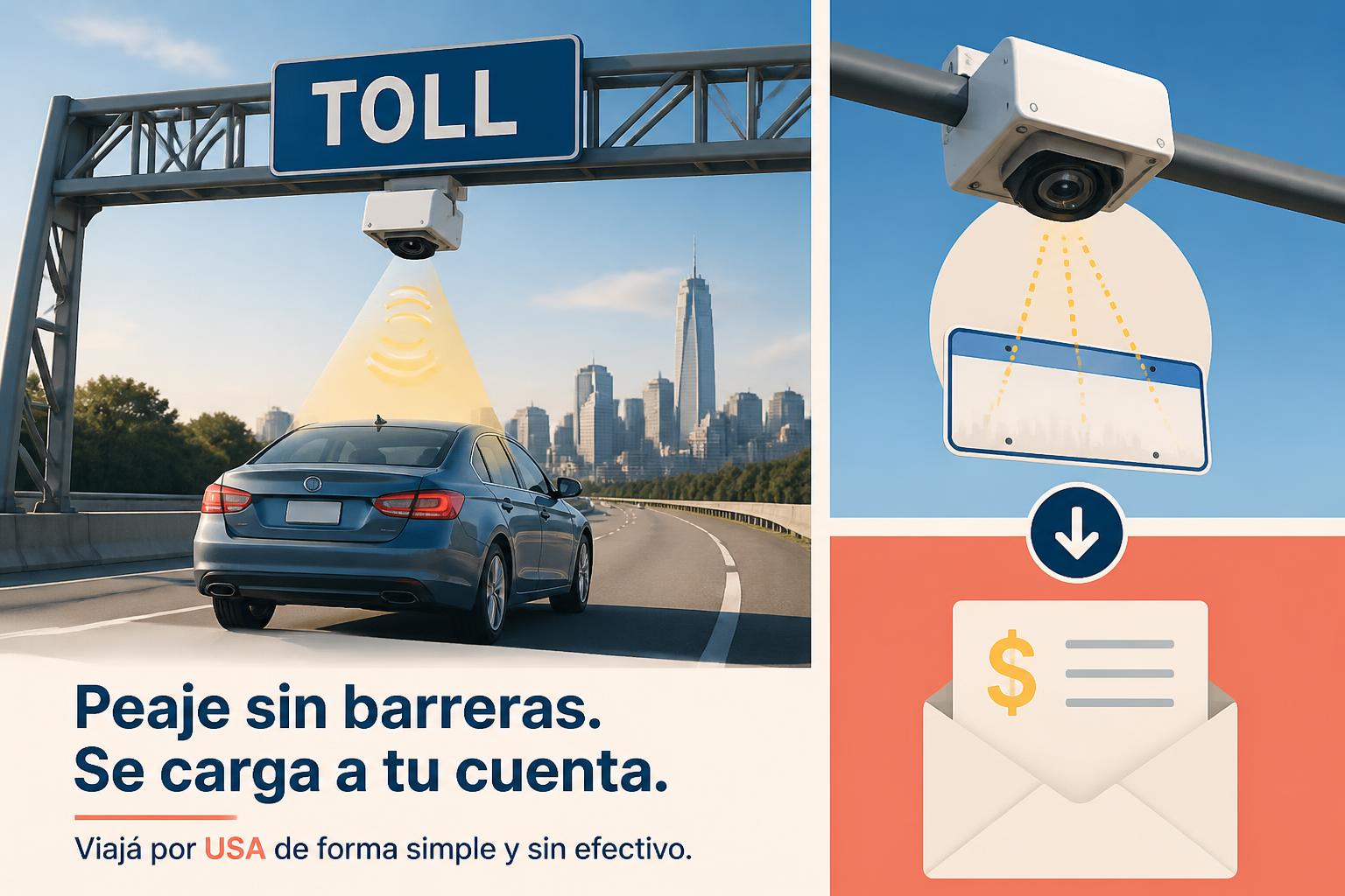 Infografía editorial de una autopista con peaje electrónico sin cabina en Estados Unidos, con un pórtico con cámara que lee la patente de un auto en movimiento