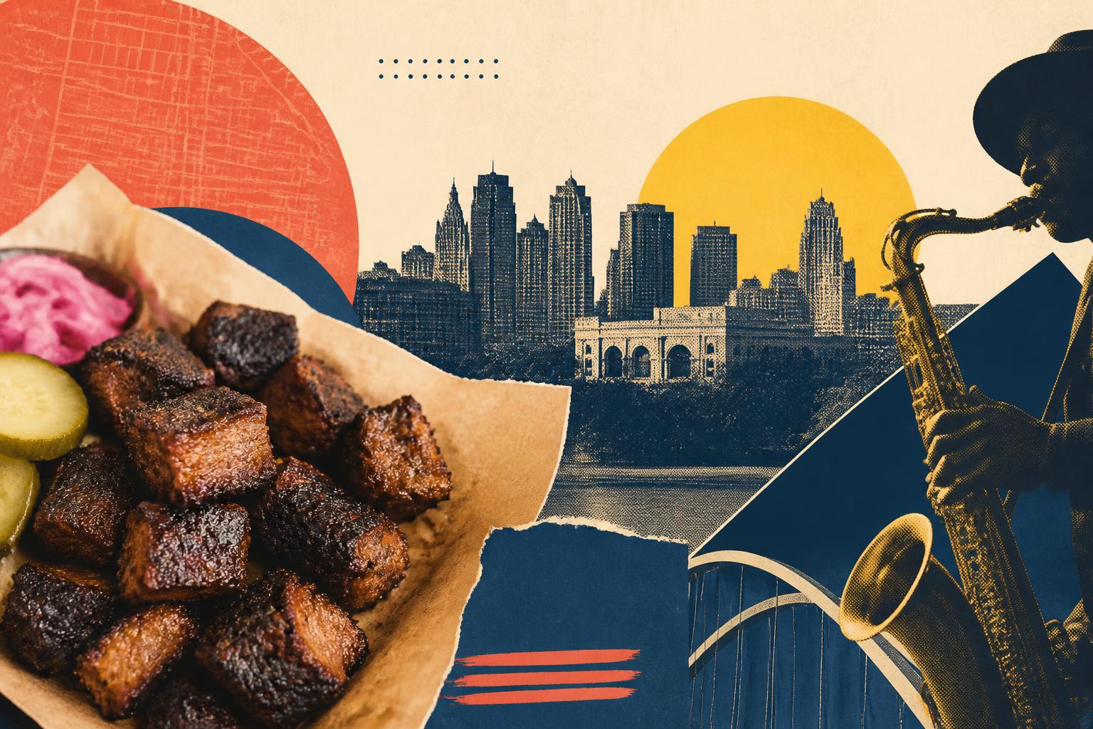 Collage editorial de Kansas City con carne ahumada de barbecue, instrumentos de jazz y la silueta de la ciudad