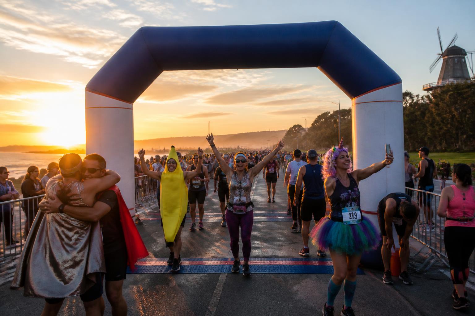 Línea de llegada de Bay to Breakers sobre Great Highway al atardecer con vista al Pacífico y corredores disfrazados celebrando