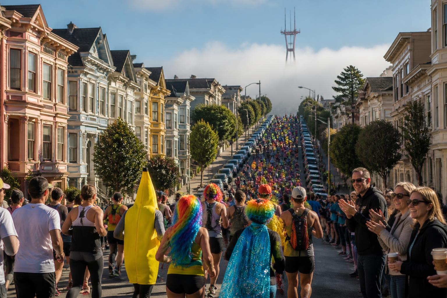 Multitud de corredores subiendo Hayes Hill con las casas victorianas Painted Ladies y la torre Sutro al fondo
