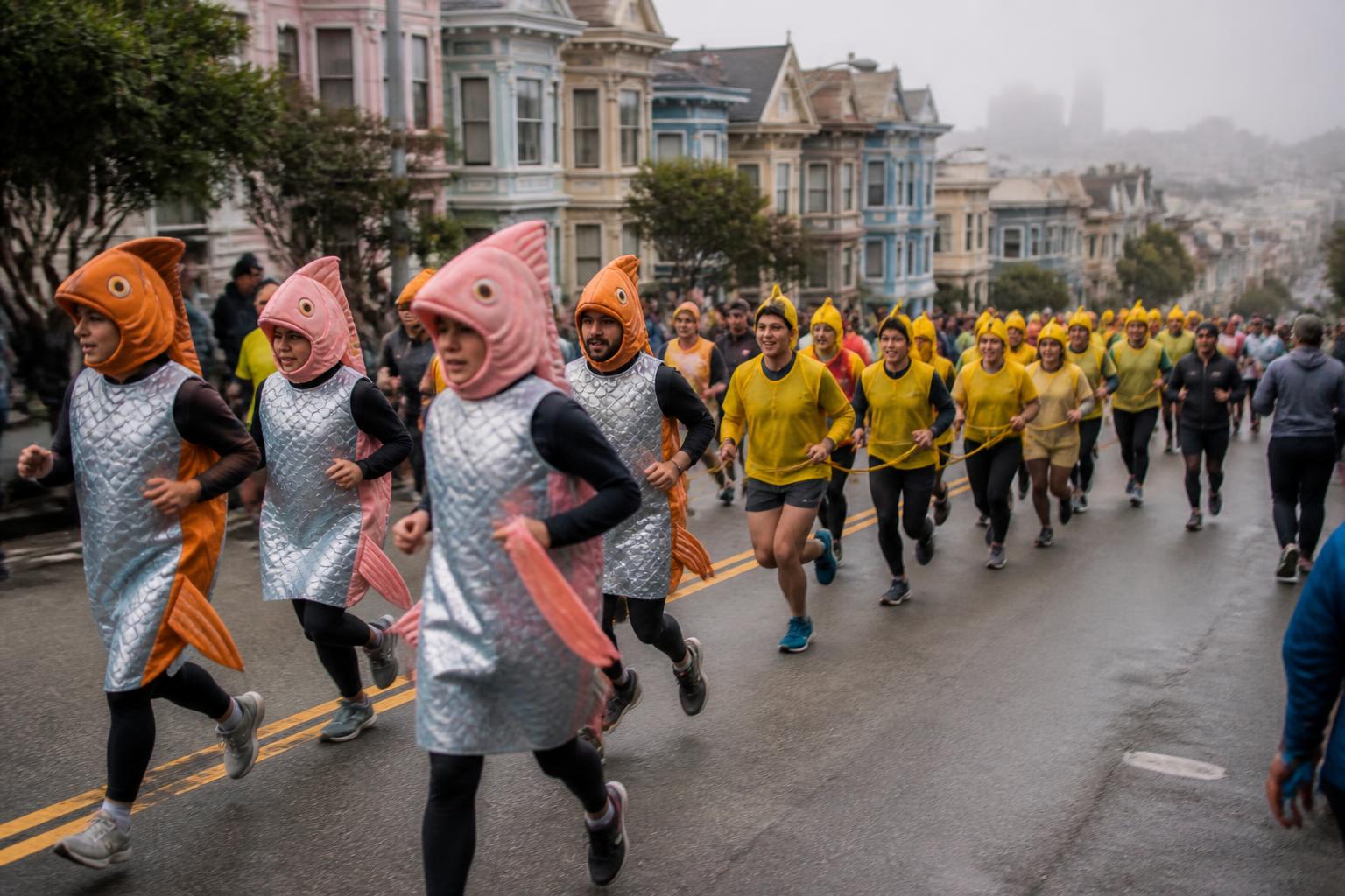 Grupo de corredores disfrazados de salmones nadando contra la corriente principal de runners en Hayes Street durante Bay to Breakers