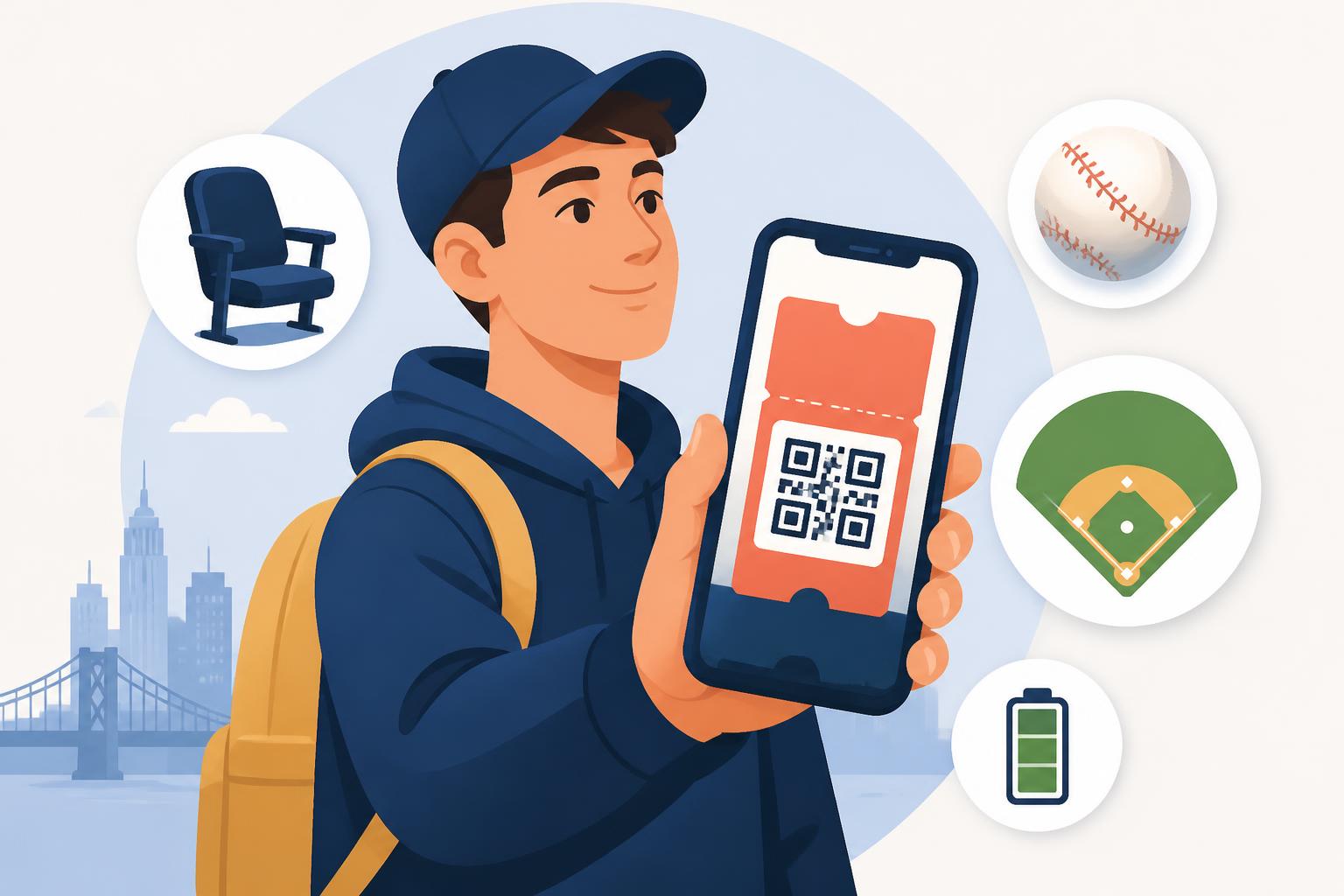 Ilustración flat vector de una persona comprando entradas de béisbol desde el celular