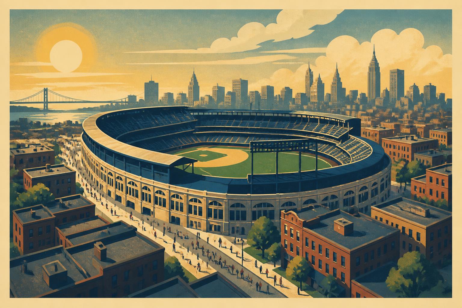 Ilustración estilo póster vintage de viaje con un estadio de béisbol clásico de Estados Unidos