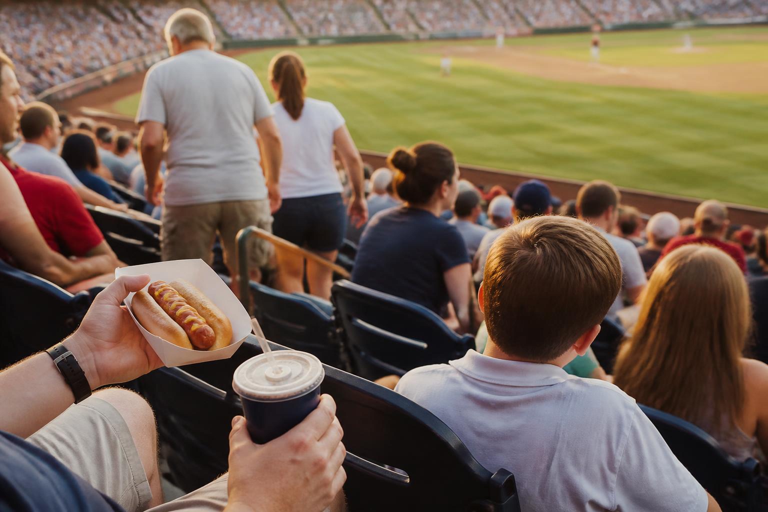 Tribuna de un estadio de béisbol con familias y comida típica, foto documental al atardecer
