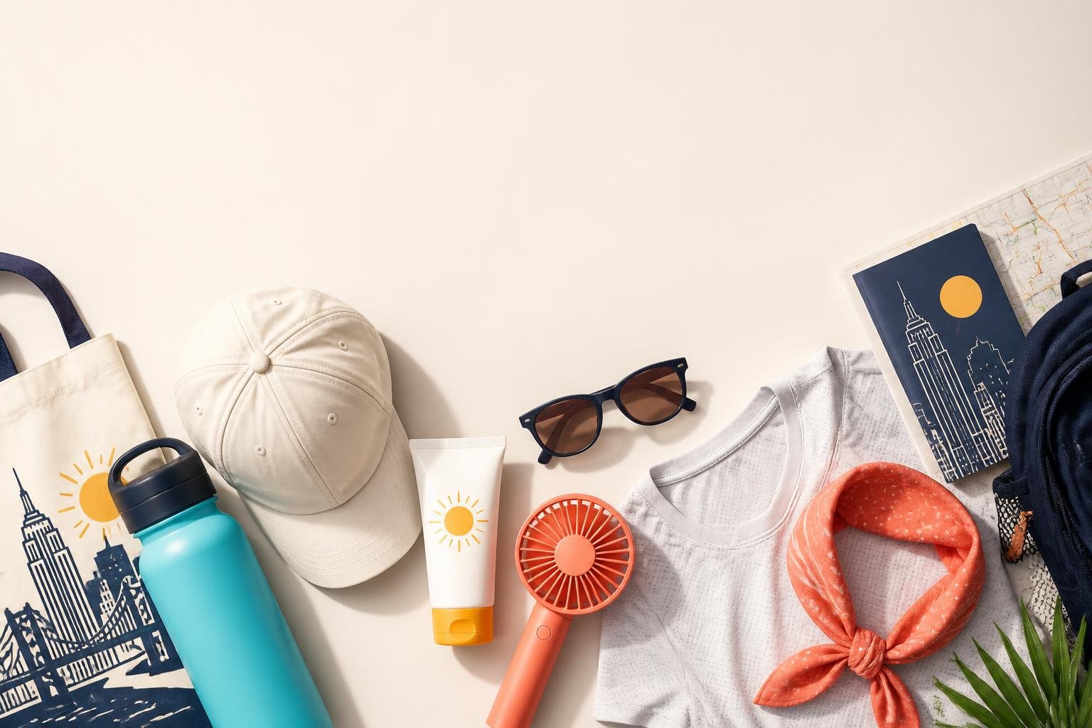 Ilustración del kit básico anti-calor: botella de agua, gorra, protector solar, anteojos y ropa liviana