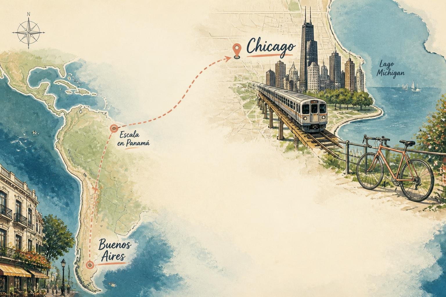 Mapa ilustrado de la ruta desde Buenos Aires hasta Chicago con escala y el transporte dentro de la ciudad
