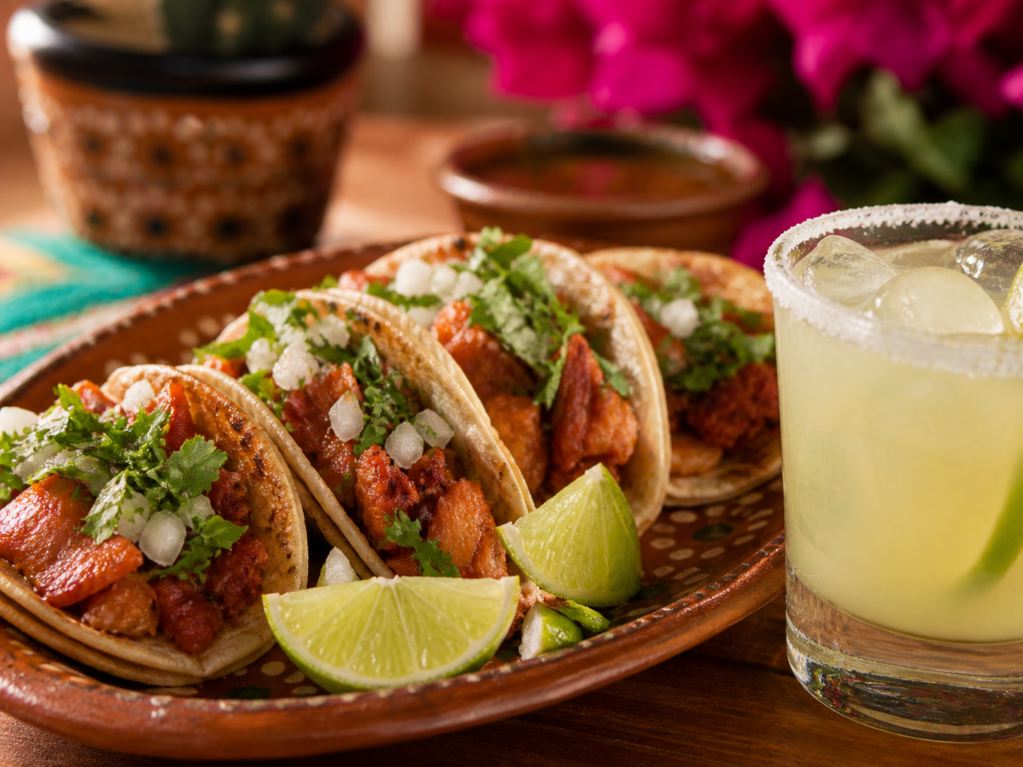 Plato de tacos al pastor recién hechos con cilantro, cebolla y limón, junto a una margarita con sal