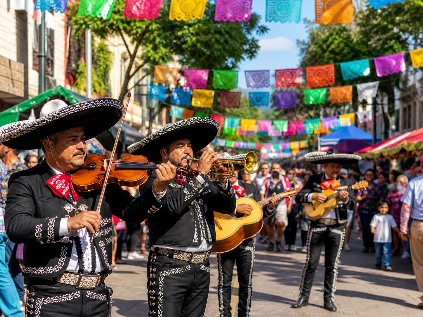 Mariachis con sombreros y trajes de charro tocando en una calle decorada con papel picado durante un parade de Cinco de Mayo en Estados Unidos