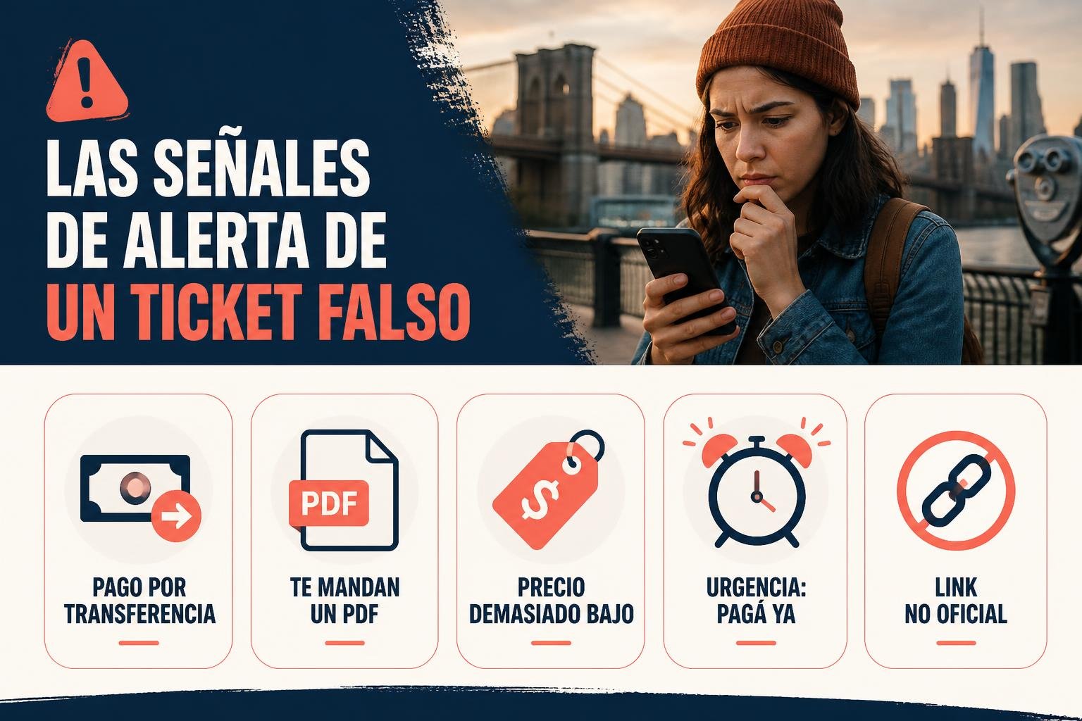 Infografía con las señales de alerta de una entrada falsa