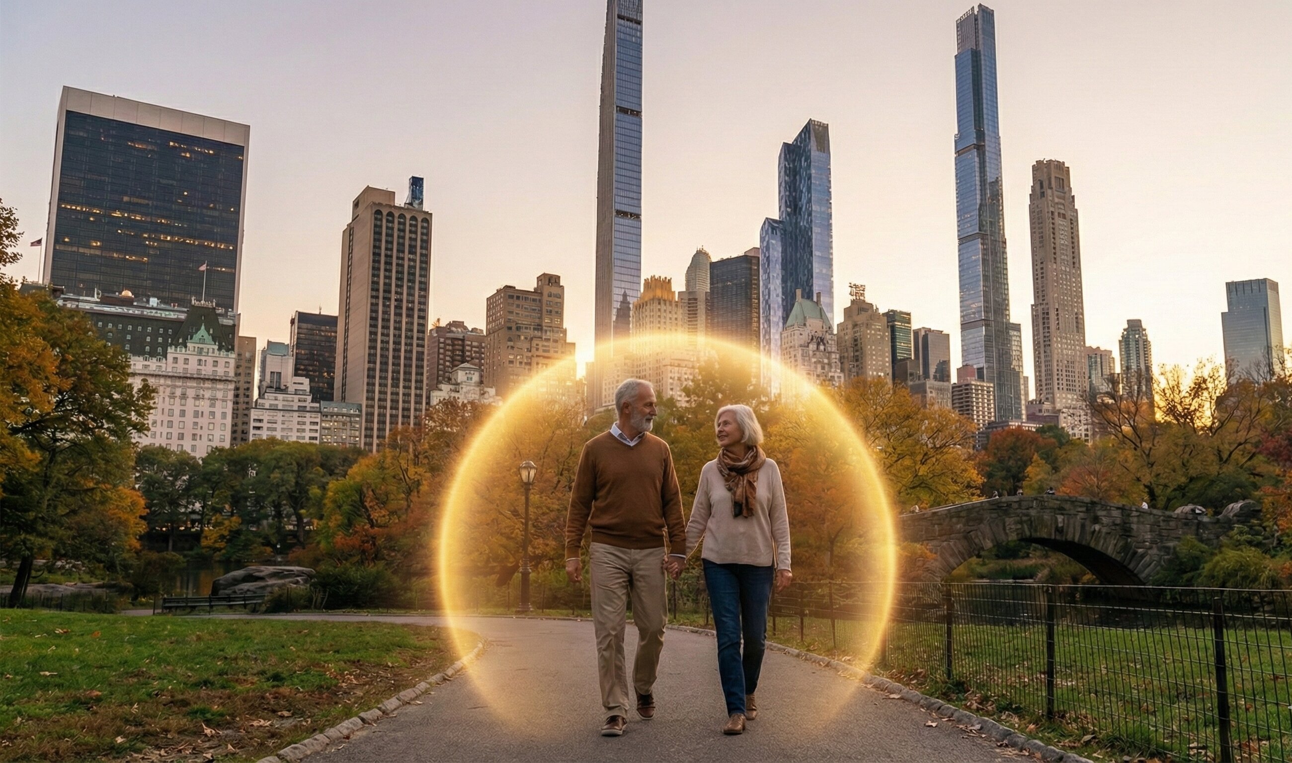 Pareja de adultos mayores paseando por Central Park, NYC, protegidos con asistencia al viajero