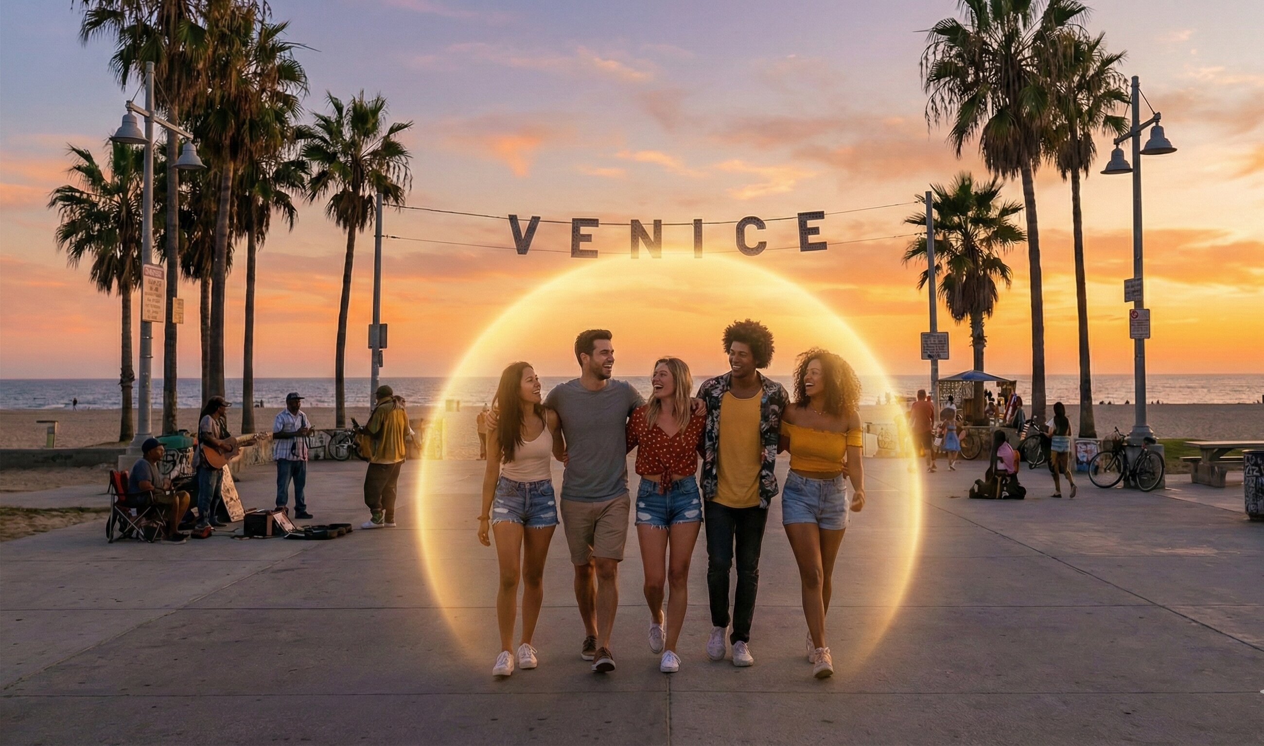 Grupo de amigos protegidos viajando por Venice Beach, Los Angeles