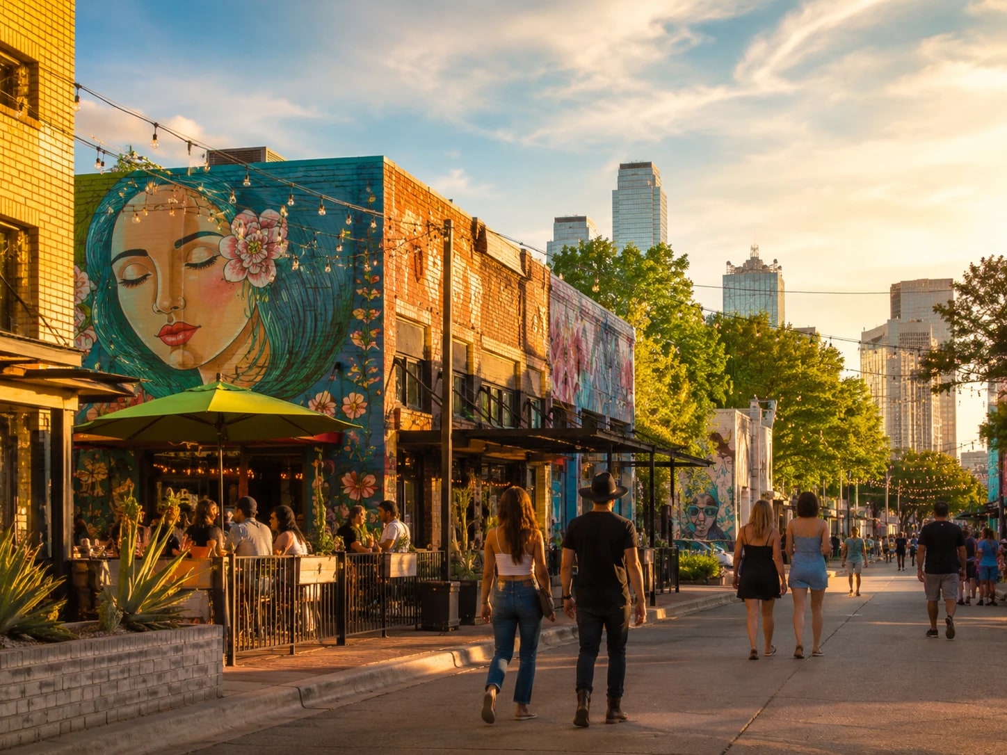 Pareja caminando por una calle de Deep Ellum al atardecer, con murales coloridos en las paredes de ladrillo y el skyline de Dallas al fondo