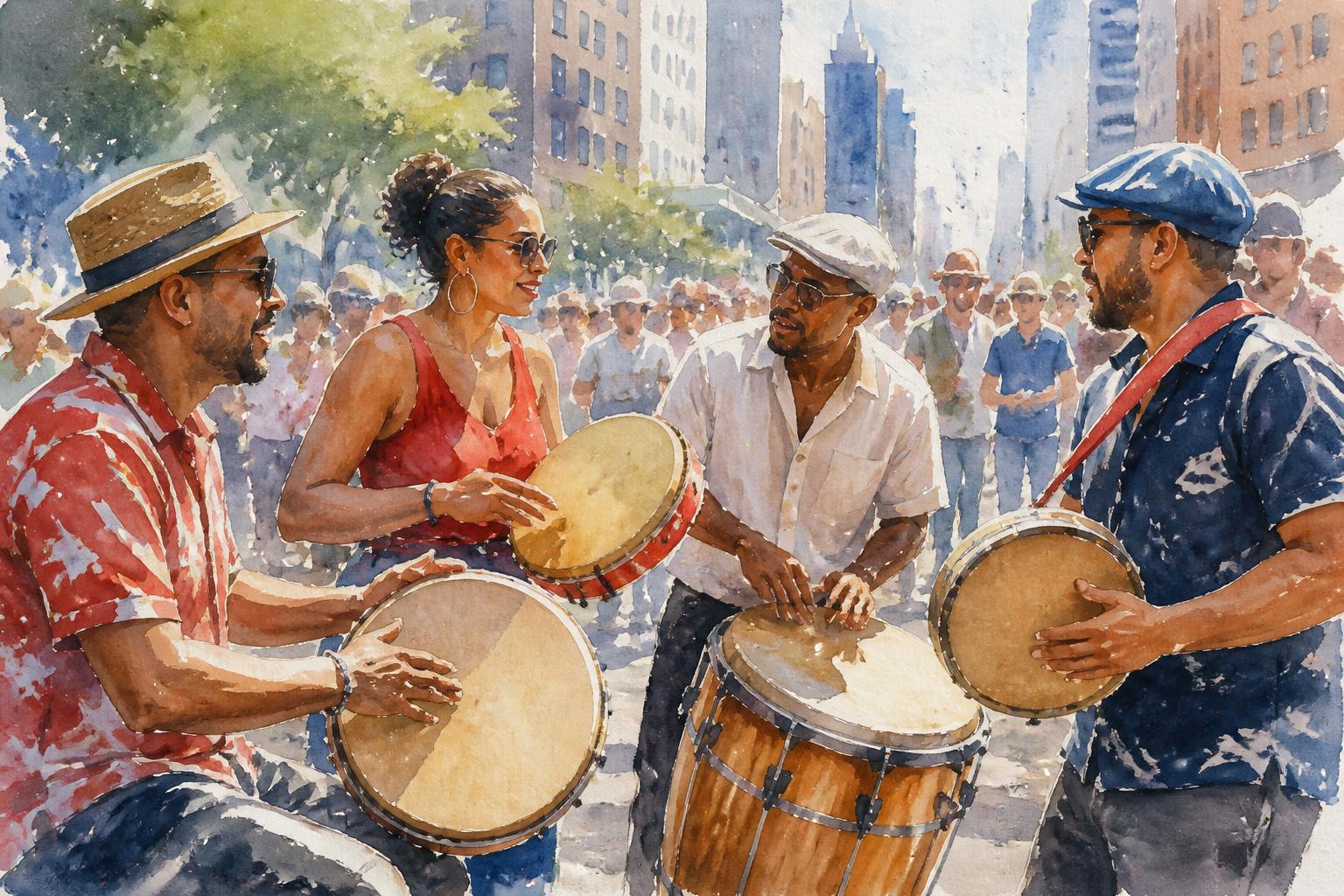 Escena de músicos tocando plena y bomba en la calle durante una celebración latina en Nueva York, ilustración en acuarela editorial con colores cálidos y vibrantes