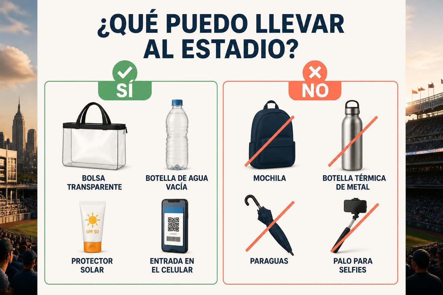 Infografía editorial que muestra qué entra y qué no entra a un estadio del Mundial: bolsa transparente sí, mochila y botella térmica no