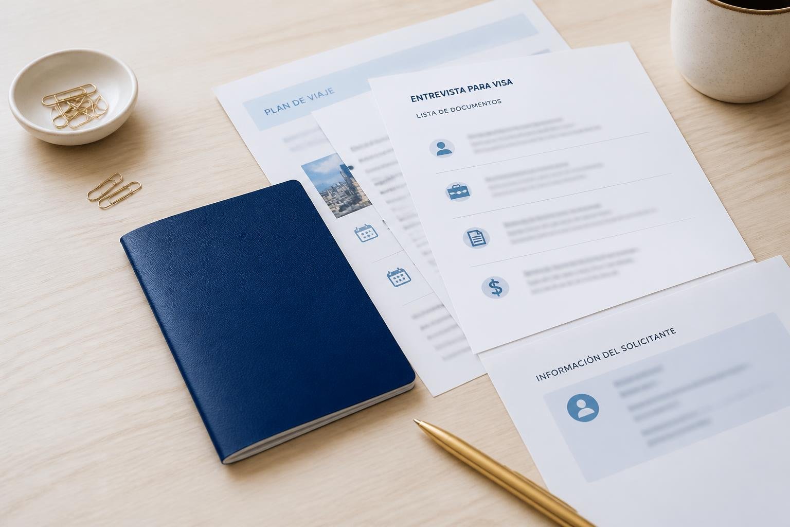 Pasaporte, extracto bancario y constancia de trabajo organizados sobre un escritorio, listos para la entrevista consular