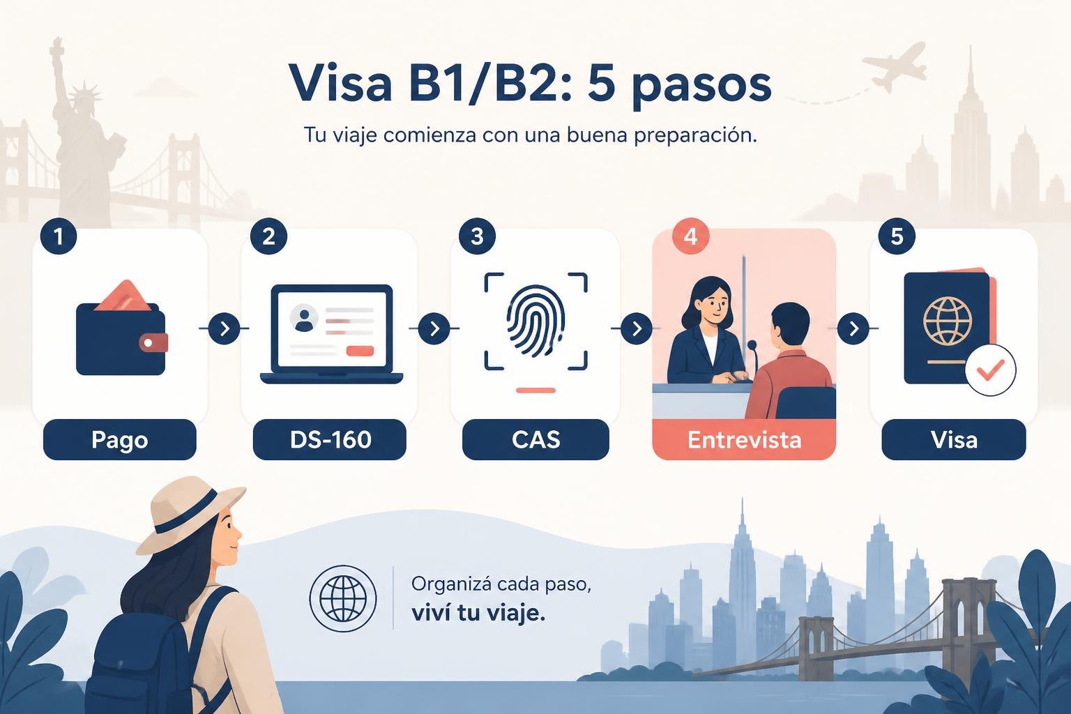 Ilustración del flujo del trámite B1/B2: pago de arancel, DS-160, CAS, entrevista consular y emisión de visa