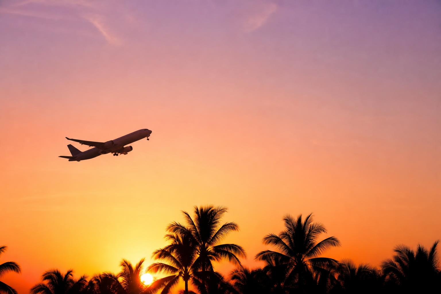 Avión despegando hacia Orlando al amanecer con palmeras en silueta