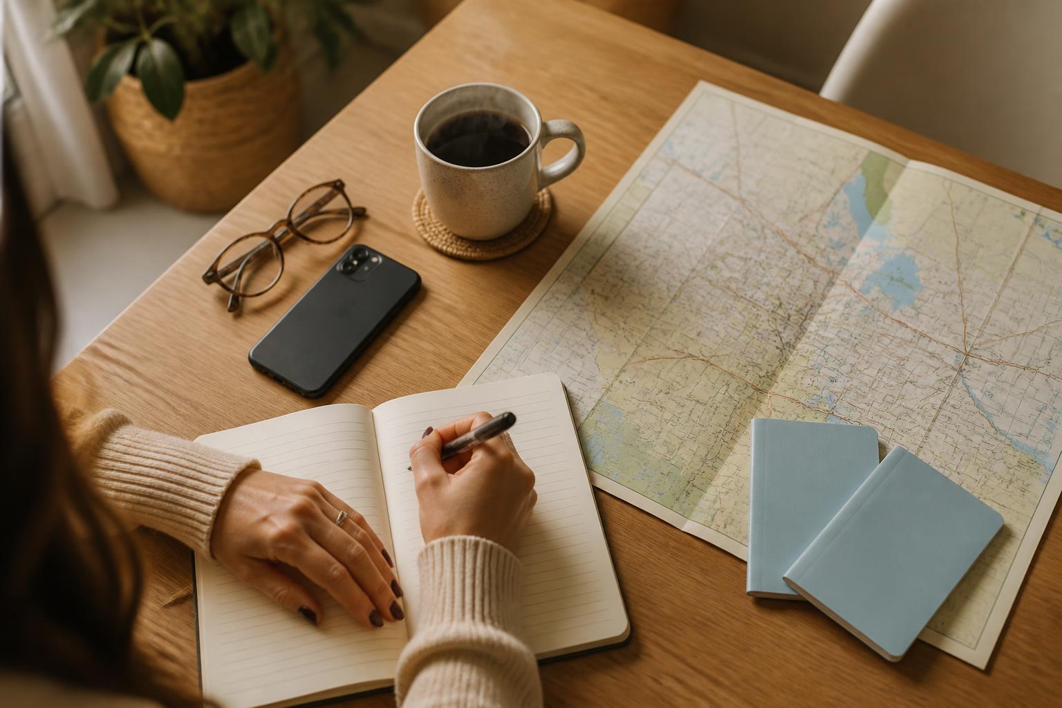 Mesa de planificación de viaje a Orlando con pasaportes argentinos, mapa, cuaderno y celular