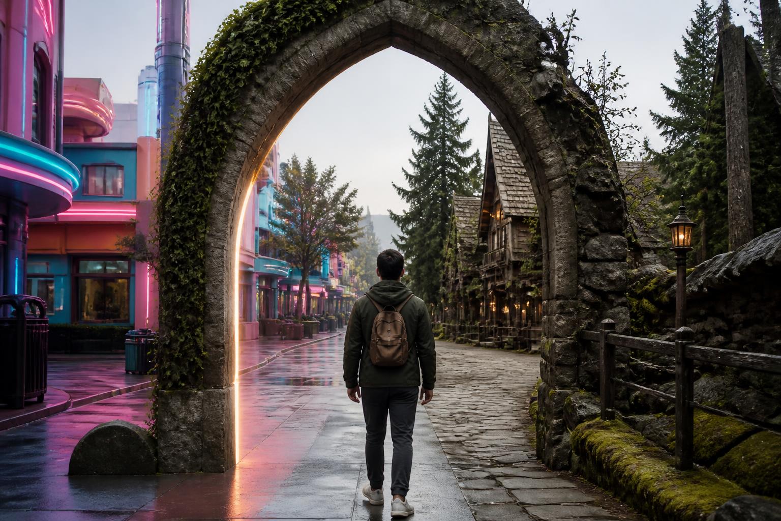 Visitante atraviesa un portal entre dos mundos temáticos del parque Universal Epic Universe en Orlando