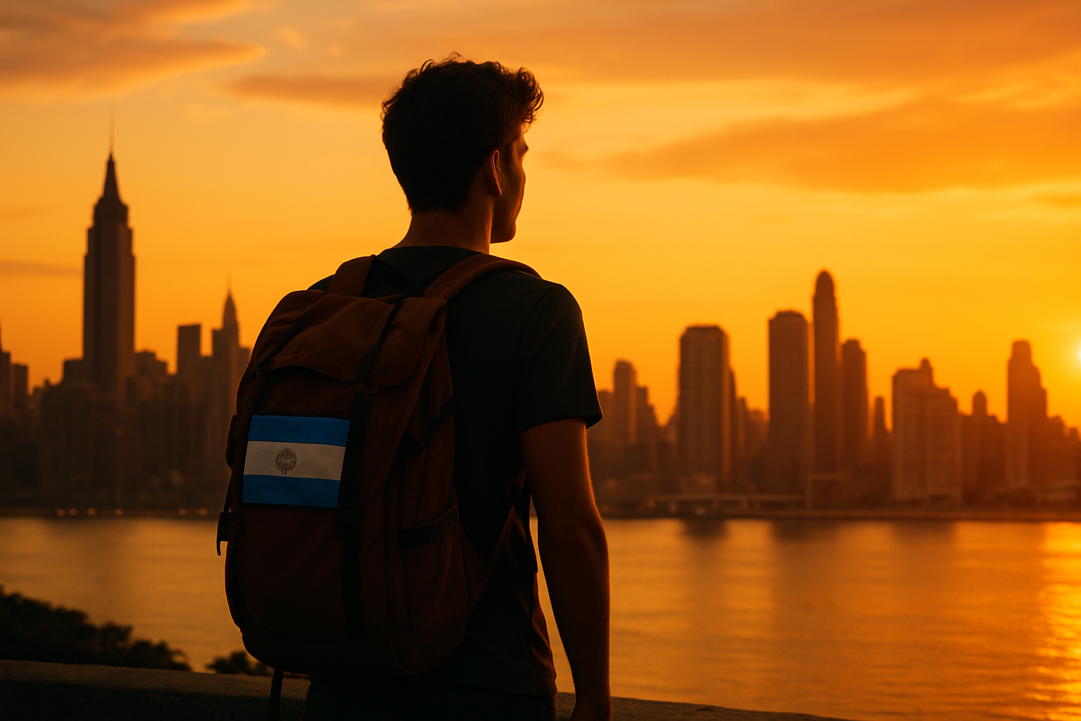Traveler argentino con mochila admirando el skyline de una ciudad americana durante su escala