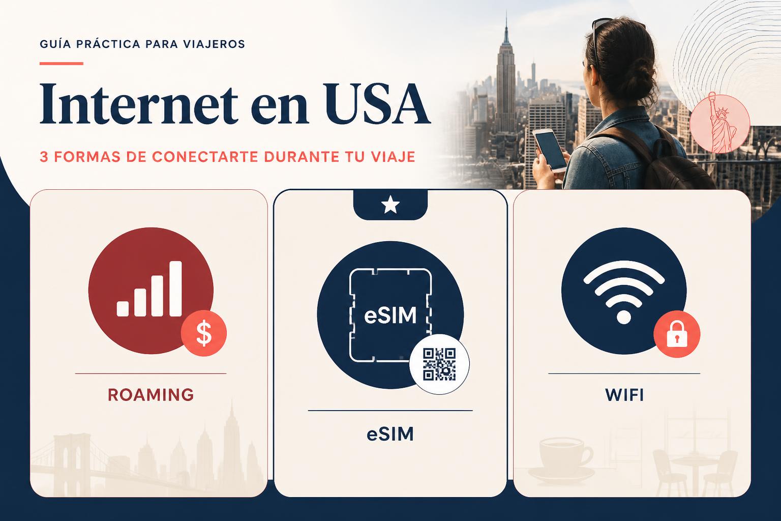 Infografía editorial comparando tres formas de conectarse en USA: roaming, eSIM y wifi público, con íconos y etiquetas cortas