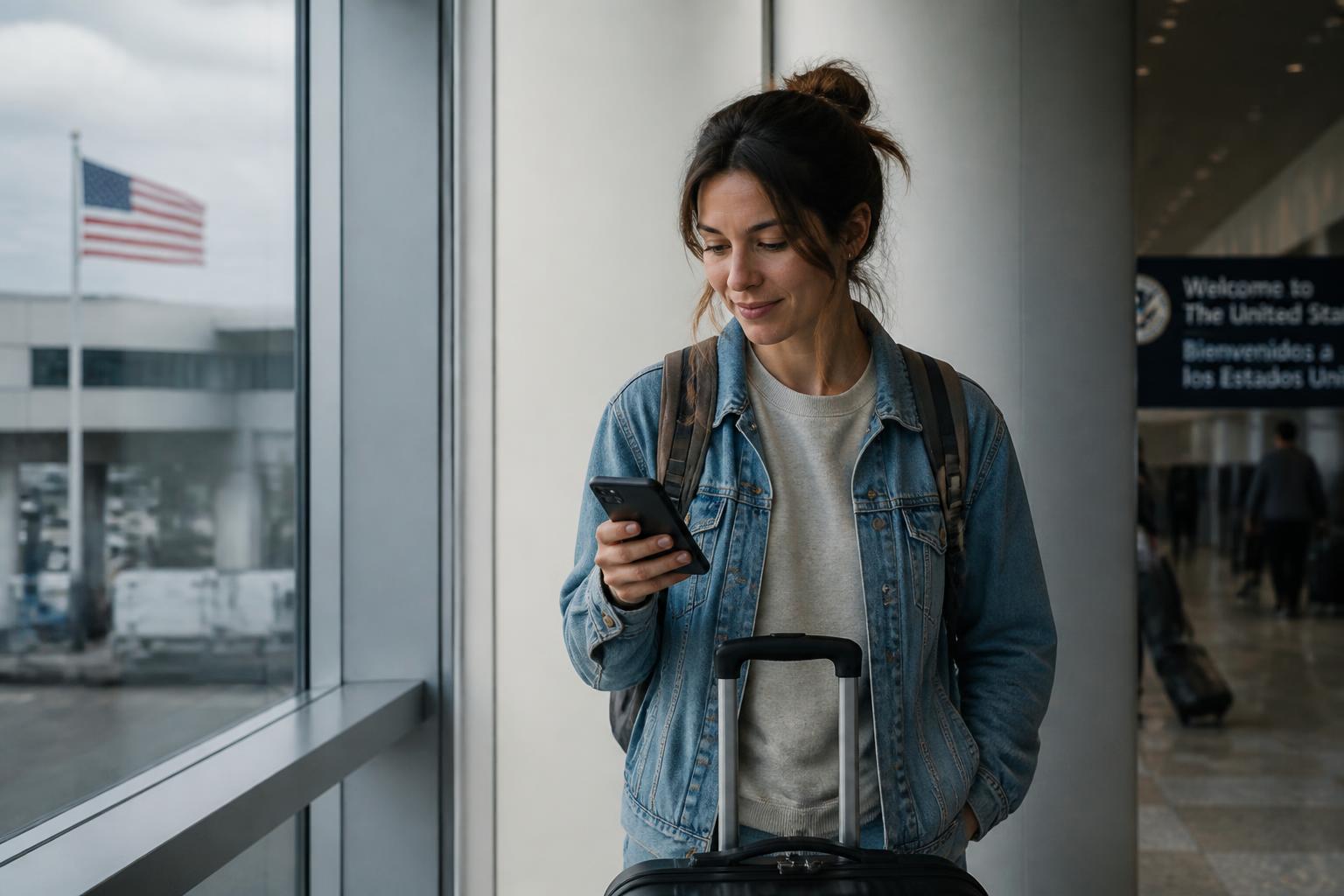 Foto documental de una viajera argentina recién aterrizada en el aeropuerto, mirando el celular ya conectado