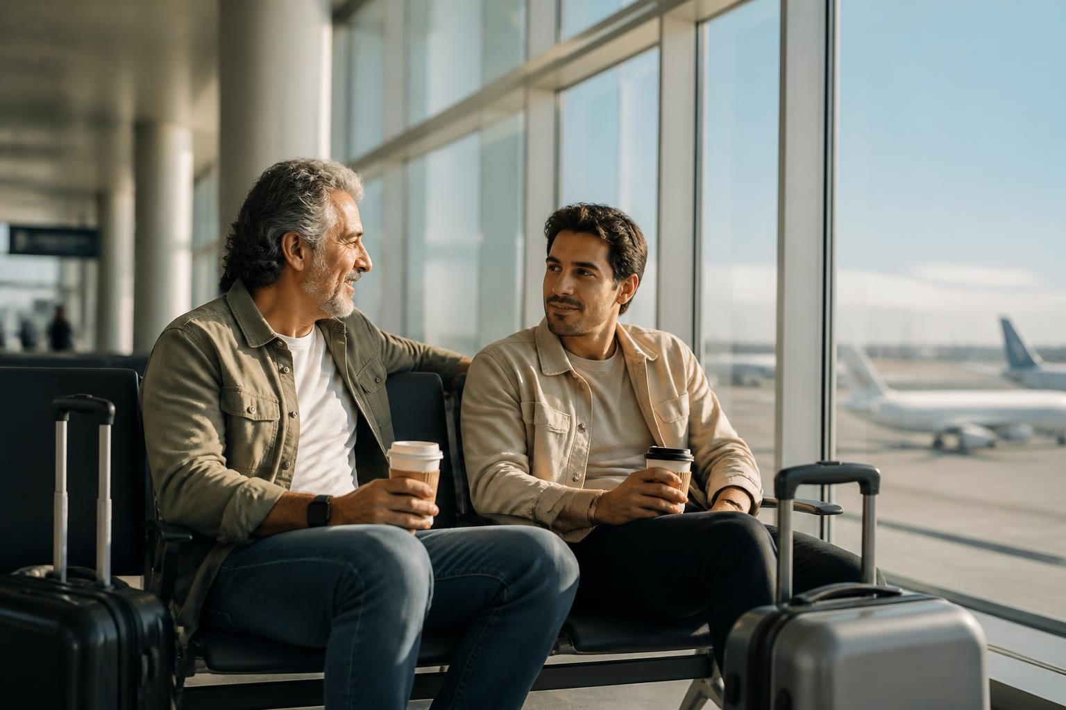 Sala de embarque en un aeropuerto americano por la mañana con un padre y un hijo adulto compartiendo un café antes de un vuelo doméstico, valijas livianas al lado, luz suave y serena
