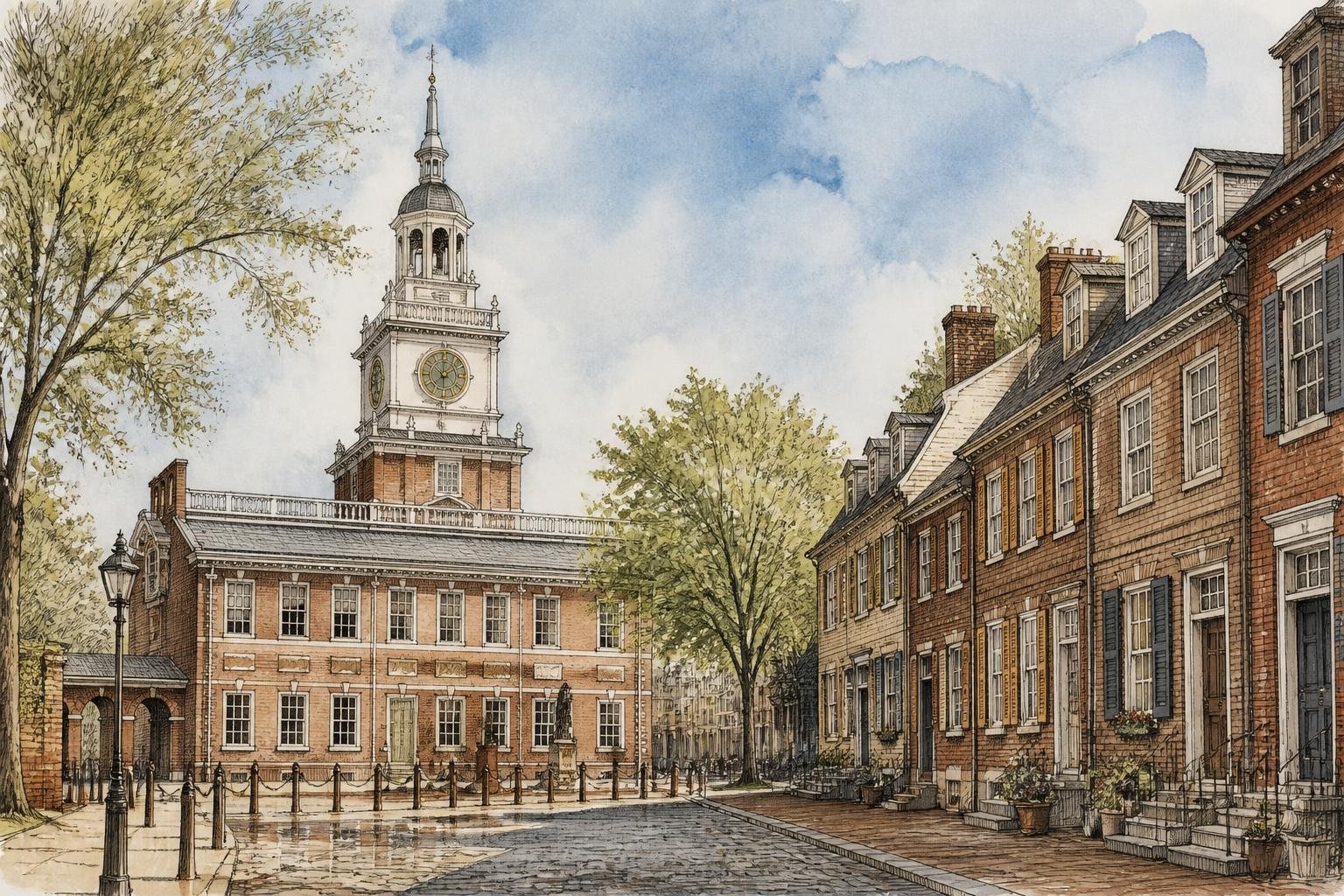 Render a tinta y acuarela del Independence Hall y las casas de ladrillo del casco histórico de Filadelfia