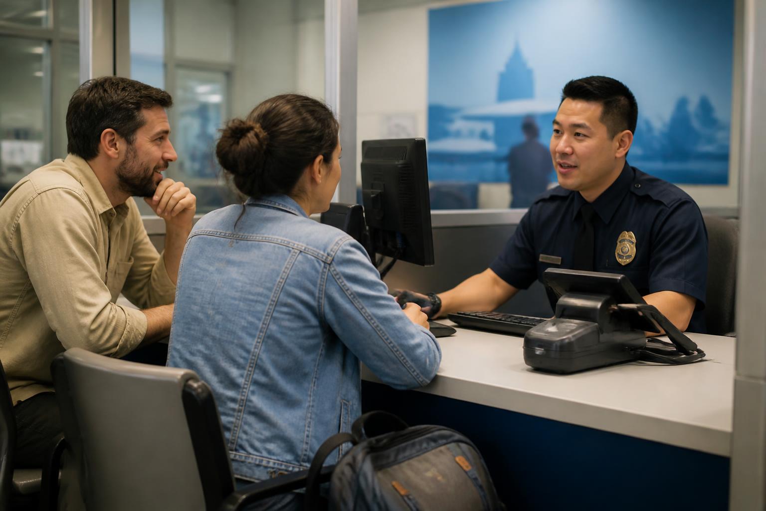 Oficina de Enrollment on Arrival en un aeropuerto internacional de Estados Unidos con una pareja argentina sentada frente a un oficial uniformado y un cartel azul claro al fondo