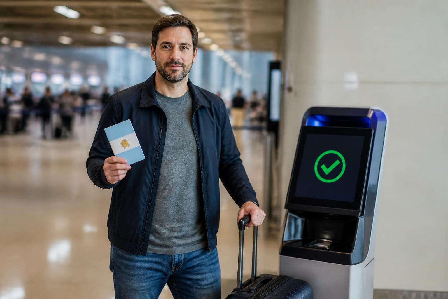 Pasajero argentino atravesando un mostrador biométrico Global Entry en un aeropuerto de Estados Unidos al mediodía con maleta de mano y pasaporte en mano y una pantalla de check verde en el fondo