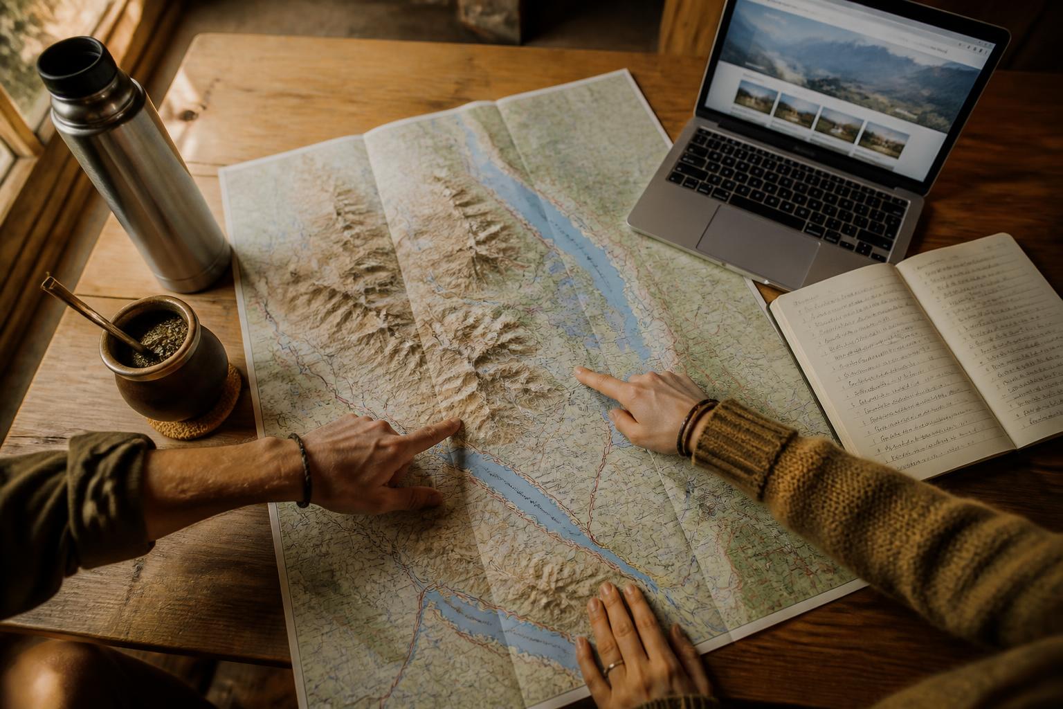 Pareja de travelers planificando un road trip en una cabaña de madera con un mapa físico de Glacier National Park abierto sobre la mesa, mate al costado, laptop con Recreation.gov en pantalla y luz natural cálida
