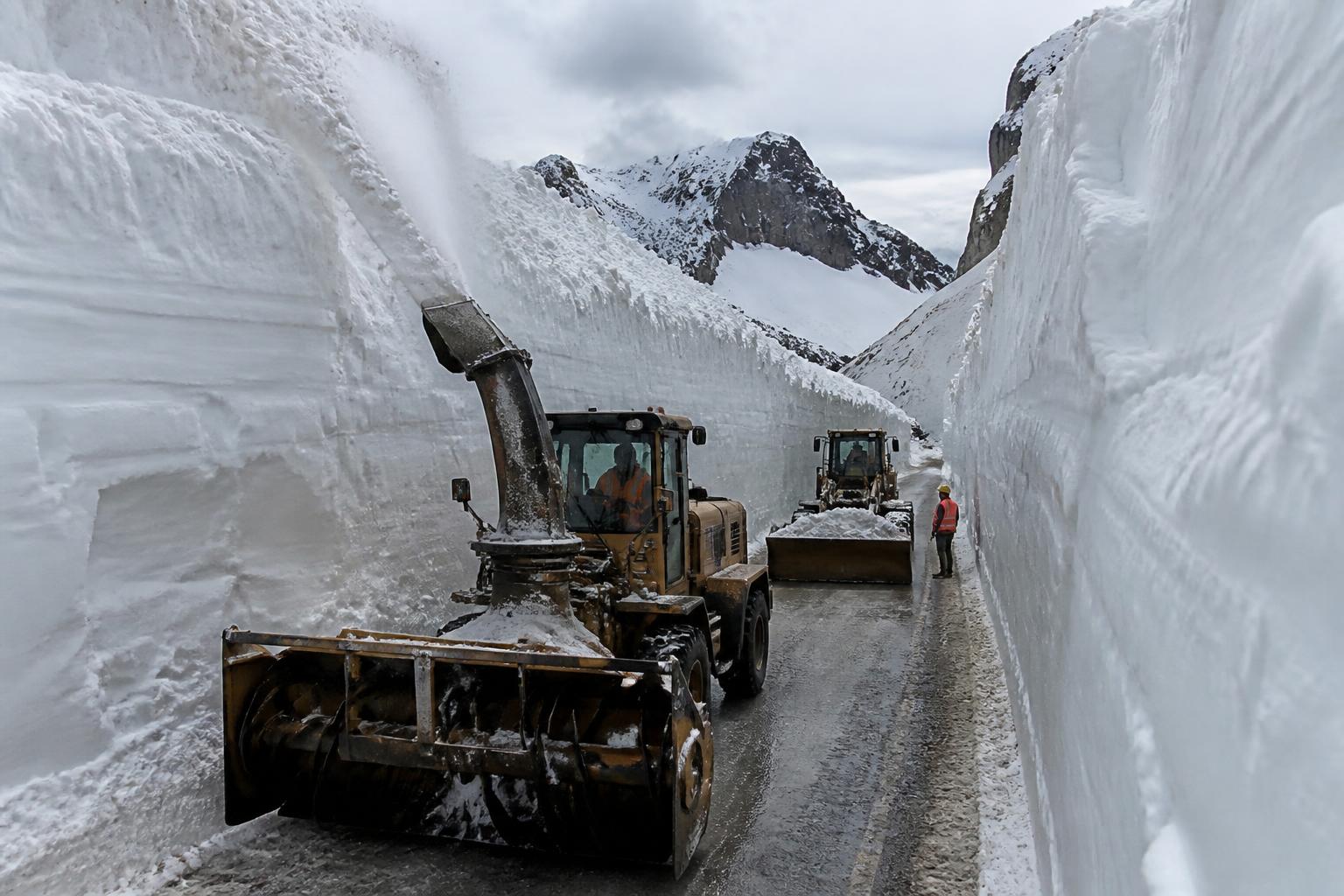 Crews del National Park Service abriendo paso entre paredes de nieve compactada de varios metros a la altura del Logan Pass, vista lateral en primavera tardía con máquinas en acción
