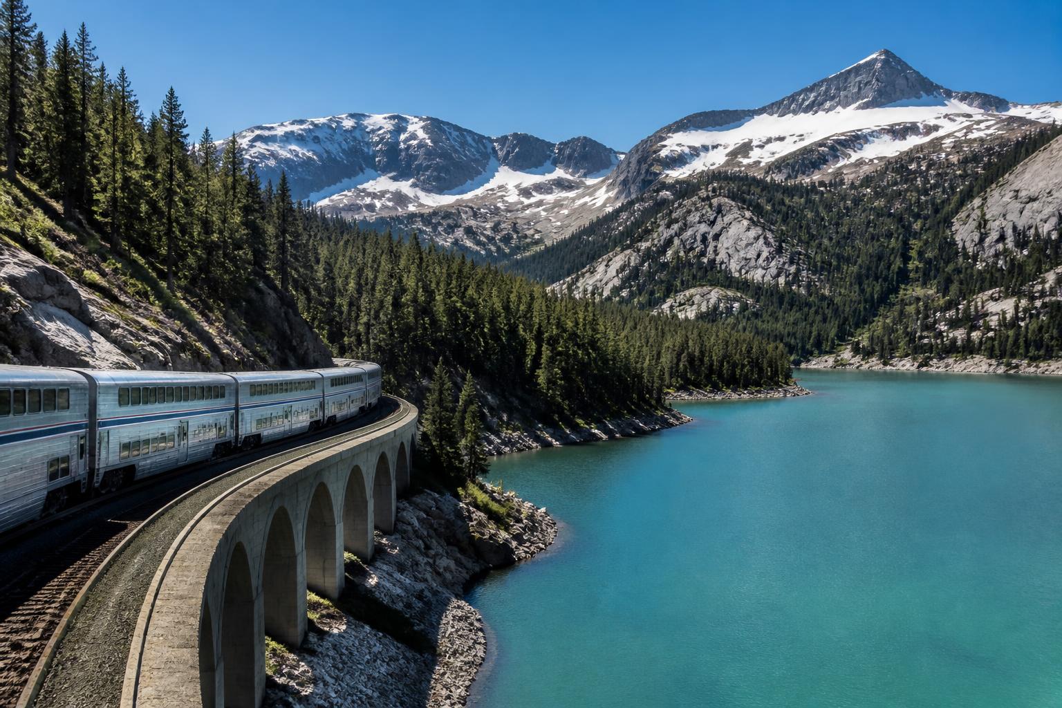 Tren Amtrak California Zephyr saliendo de un túnel con un lago de aguas turquesas y montañas nevadas de Sierra Nevada al fondo