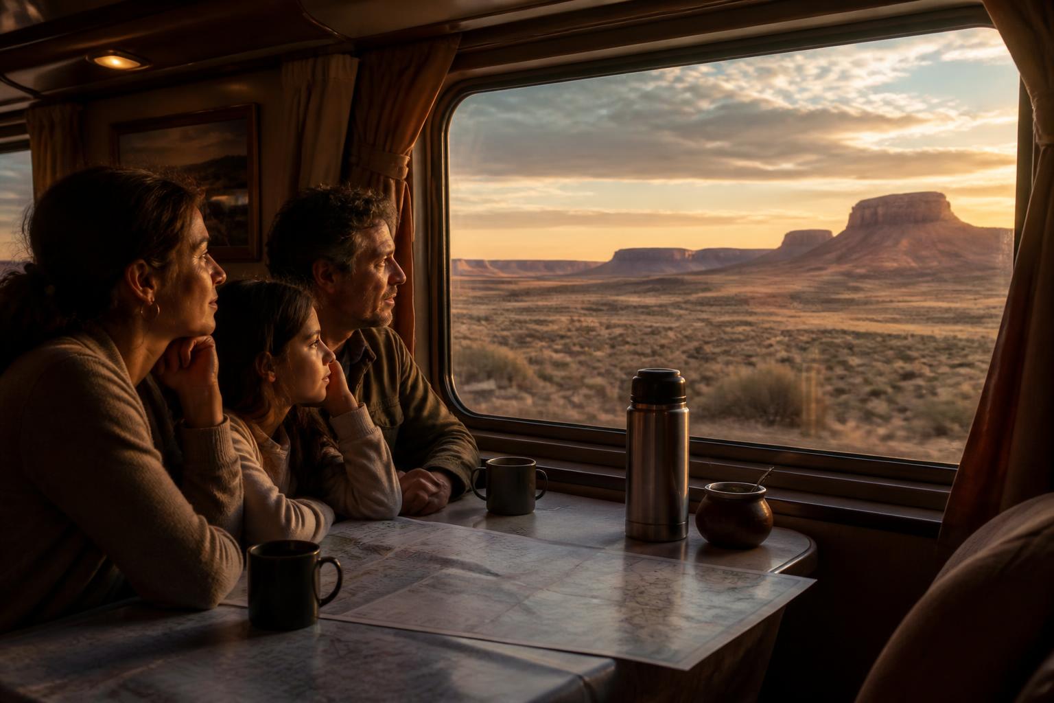 Familia argentina mirando por la ventana de un tren Amtrak con paisaje del oeste americano y planillas de viaje sobre la mesa de la cabina