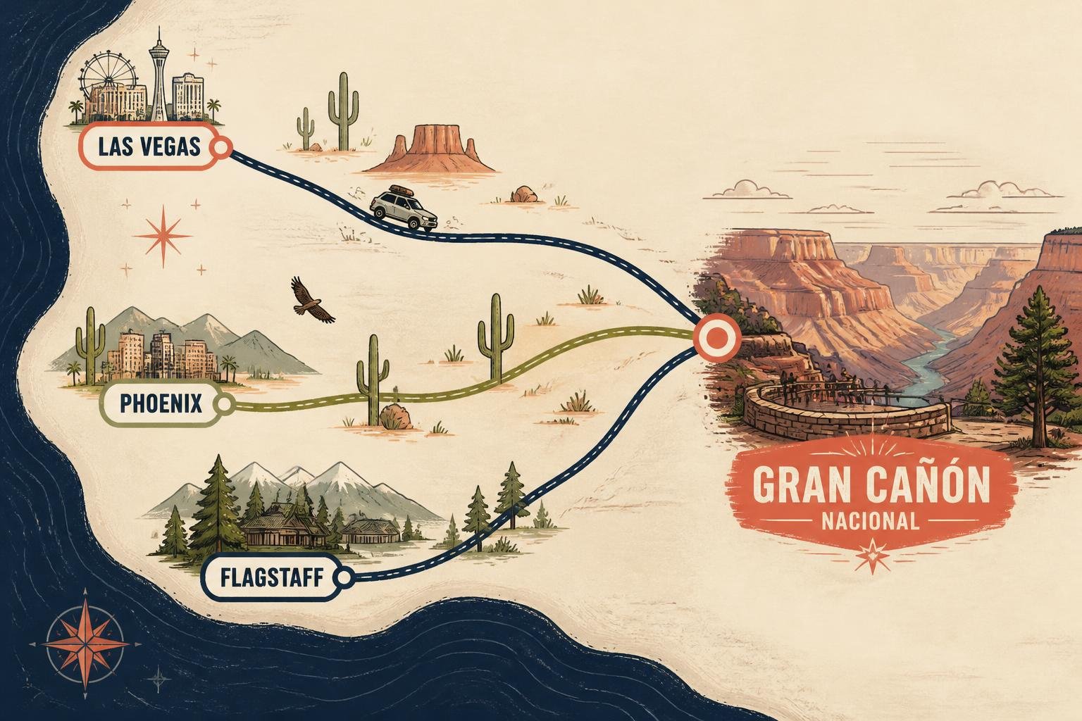 Mapa ilustrado con las rutas desde Las Vegas, Phoenix y Flagstaff hasta el Grand Canyon