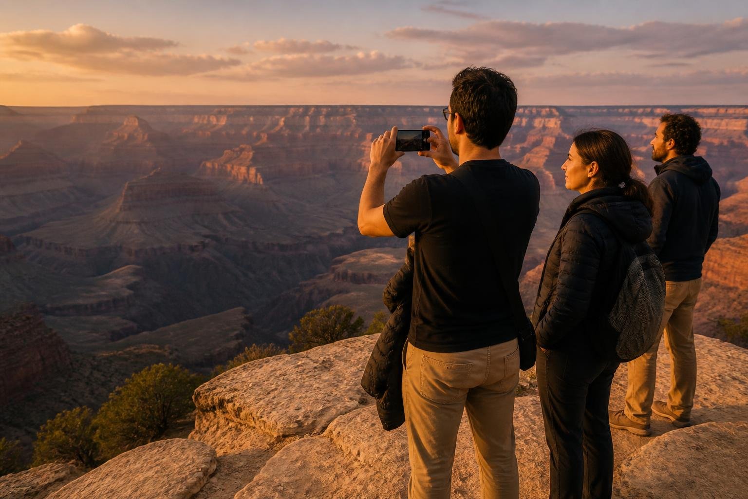 Viajeros contemplando el cañón desde un mirador del South Rim a la hora dorada