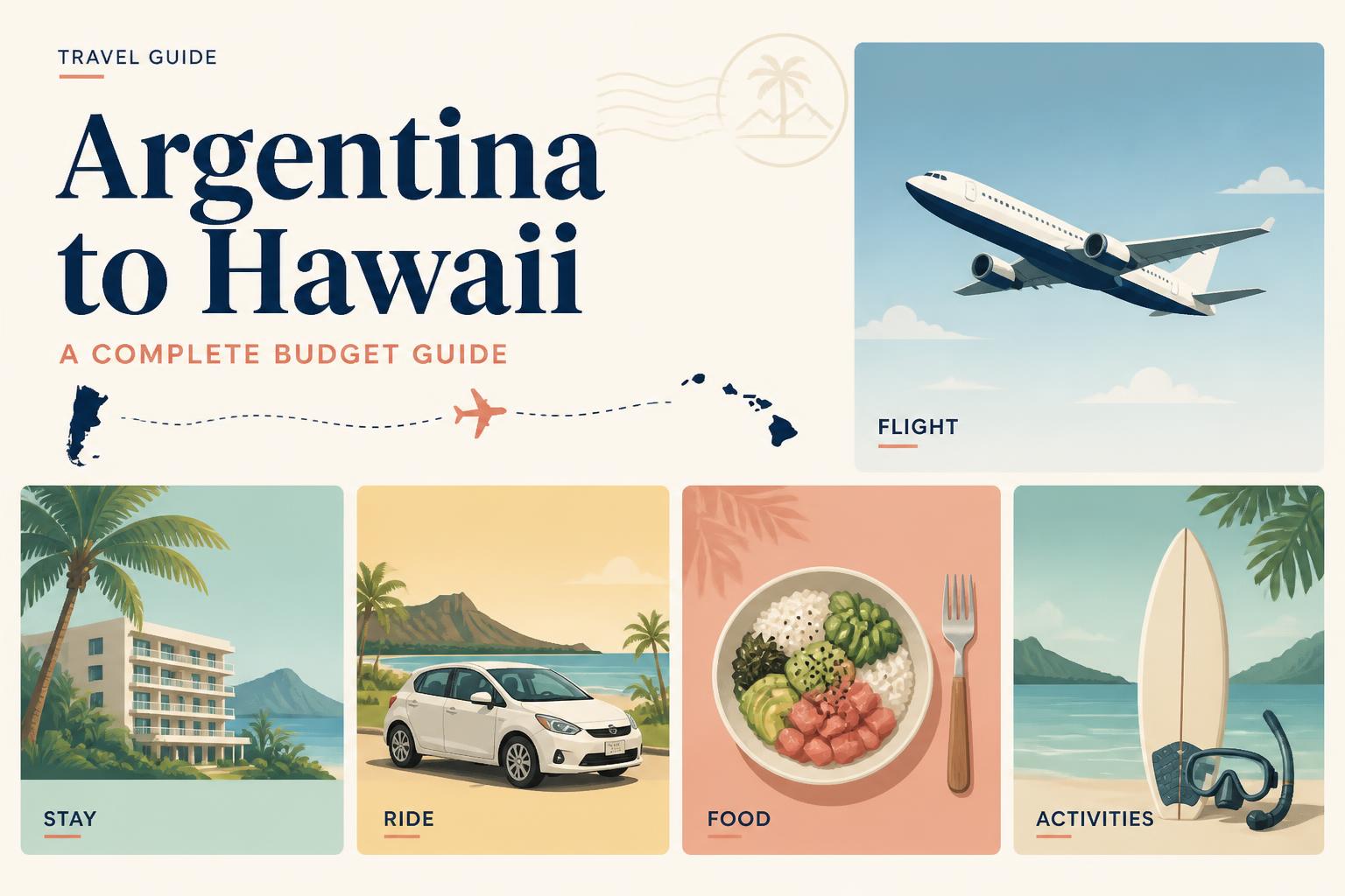 Composición visual con íconos de avión, palmera, surf, dólar y reloj representando el presupuesto y la logística del viaje a Hawaii