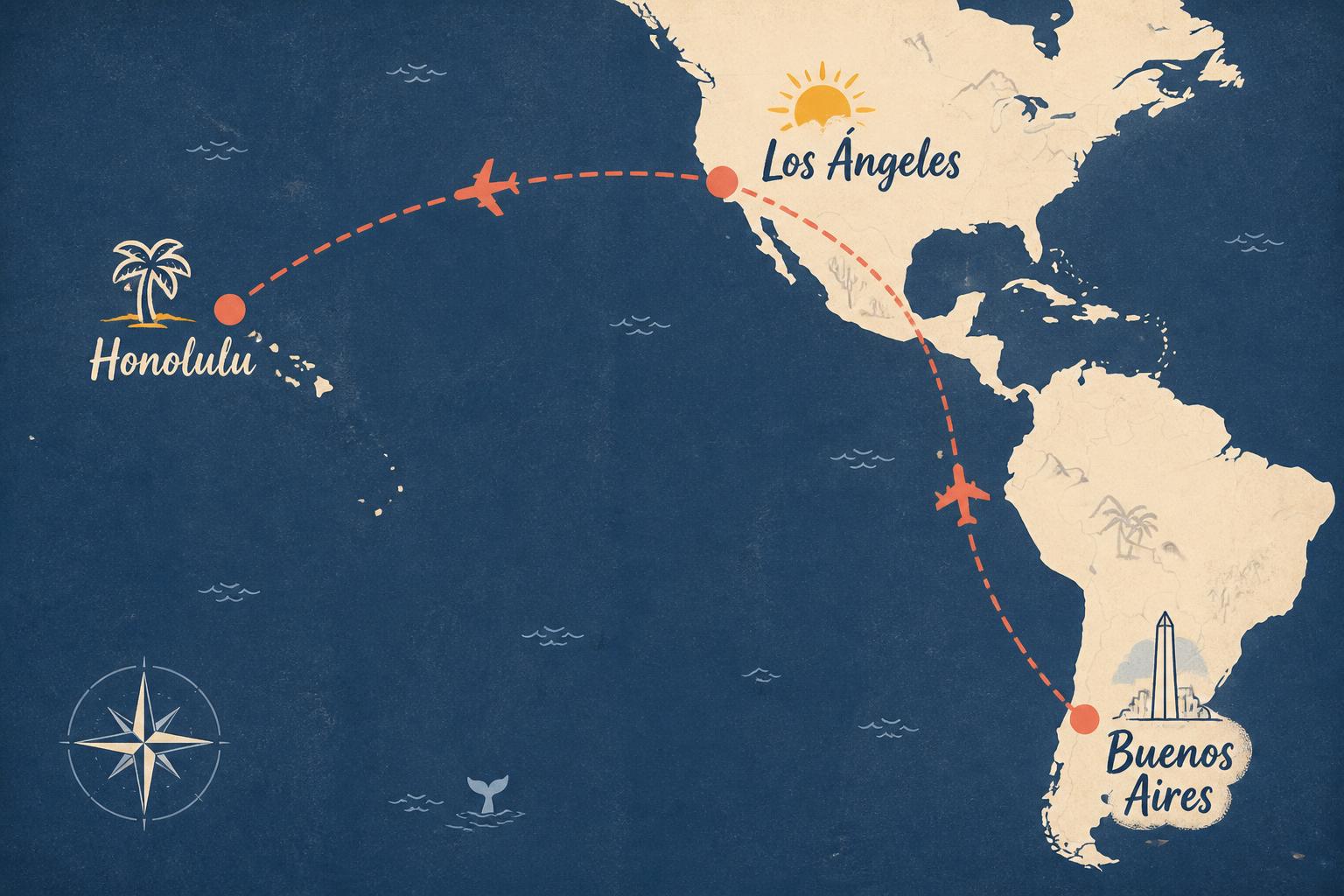 Mapa ilustrado de la ruta de vuelo desde Buenos Aires a Honolulu pasando por Los Ángeles, con íconos de avión y aeropuertos