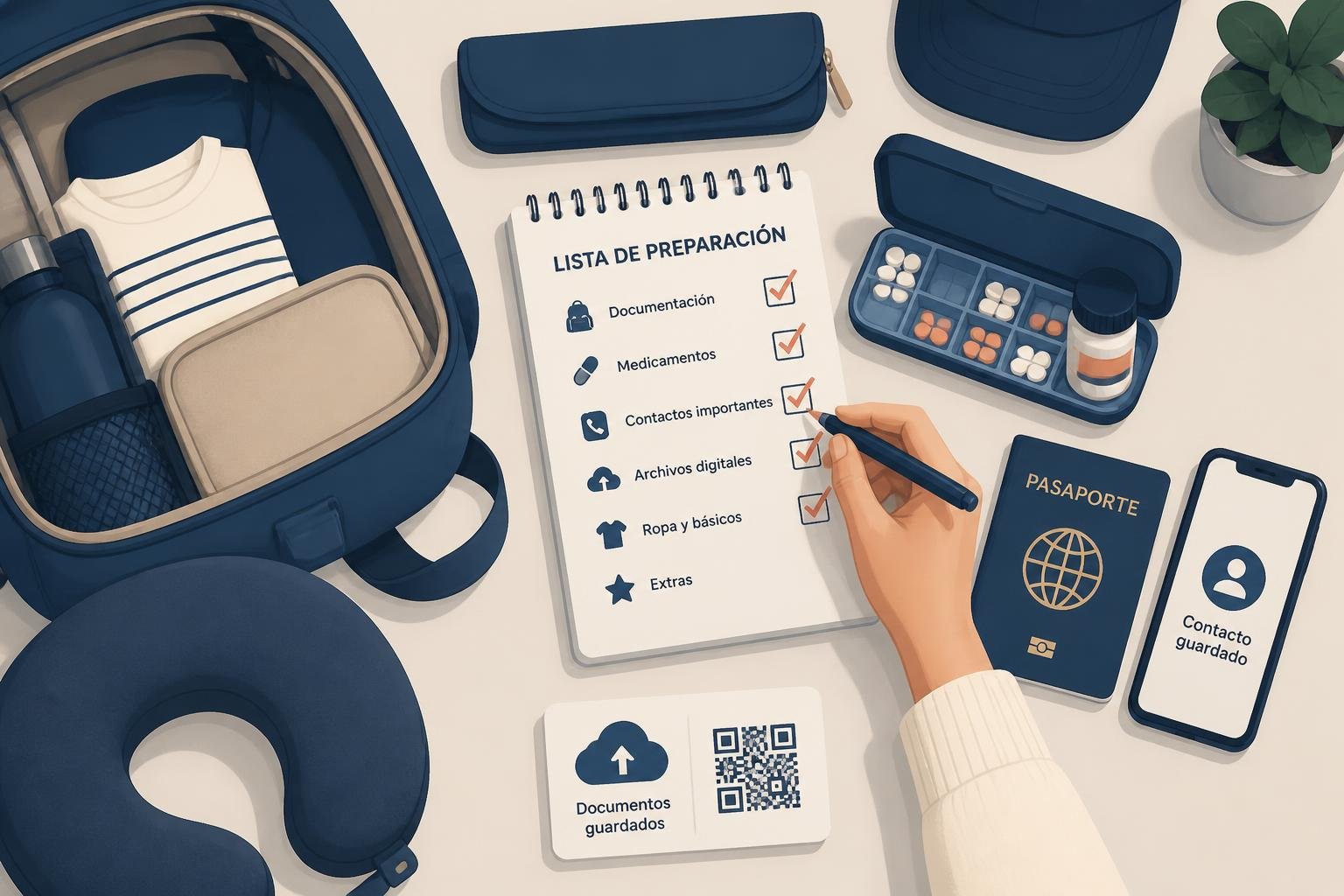 Ilustración flat vector de un viajero preparando su mochila de viaje con checklist médico, pasaporte, medicamentos y documentación organizada, estilo limpio y moderno, paleta navy y crema