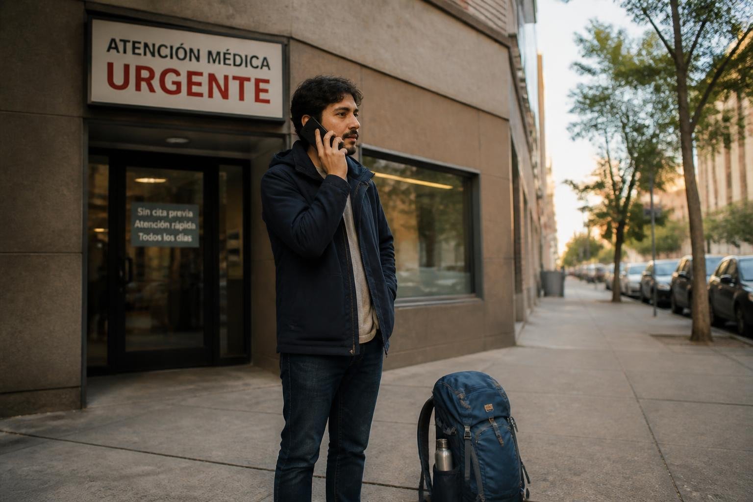 Viajero argentino hablando por teléfono en la entrada de un urgent care center en una ciudad de Estados Unidos, con mochila al lado, actitud tranquila y resuelta, estilo documentary 35mm, luz natural de tarde