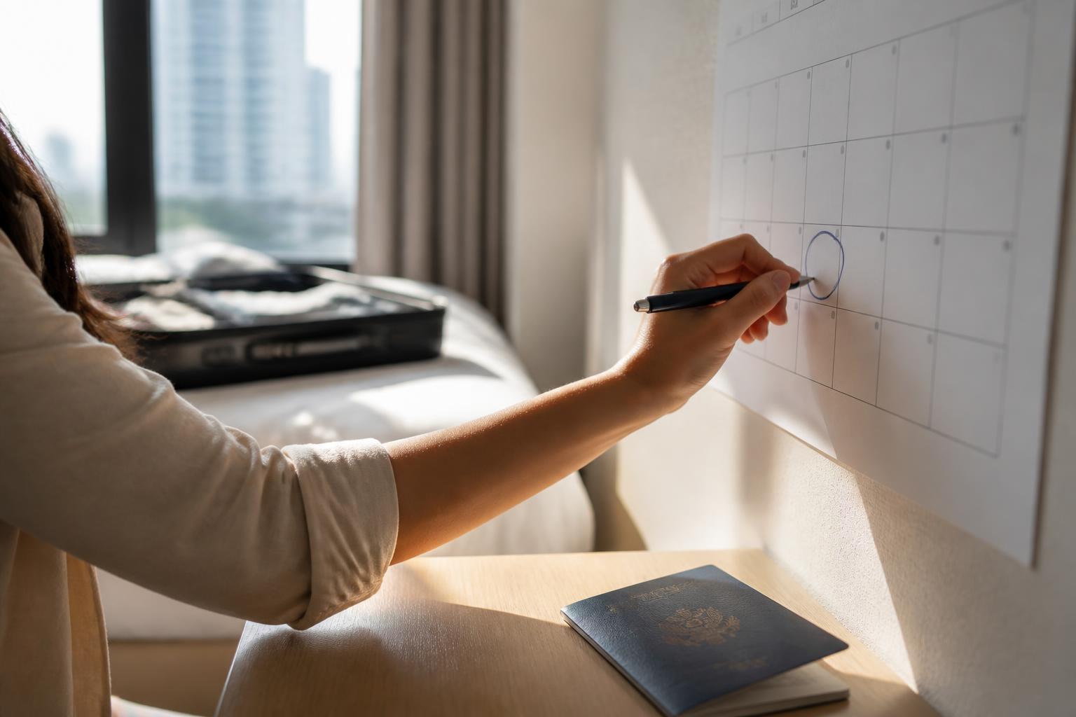 Mano de viajera marcando con birome una fecha límite en un calendario de pared junto a una valija media armada y un pasaporte argentino sobre la mesa de luz