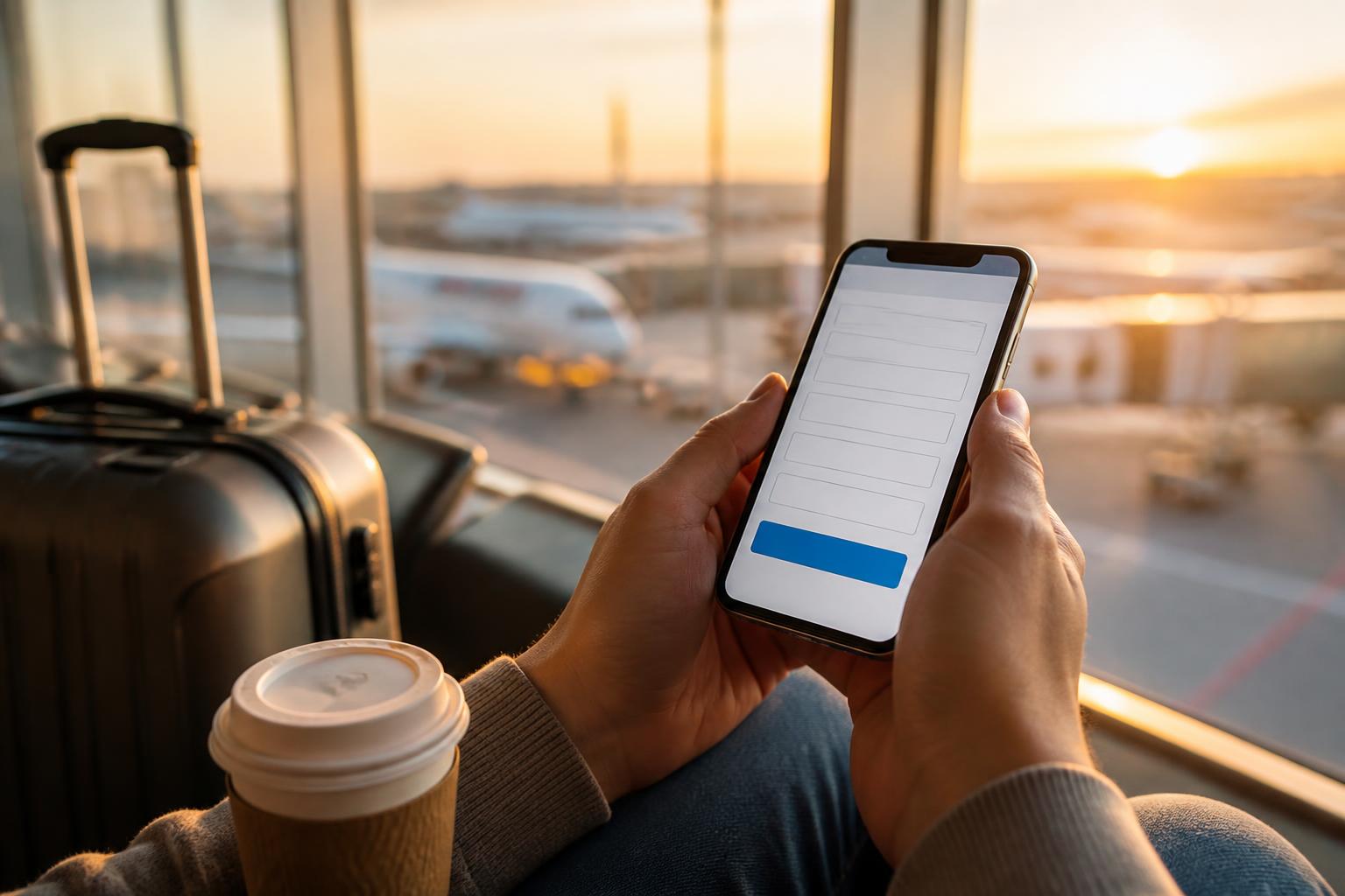 Manos sosteniendo un celular en la sala de espera de un aeropuerto de Estados Unidos mostrando un formulario de búsqueda en una página web oficial, con valijas al lado y luz natural cálida