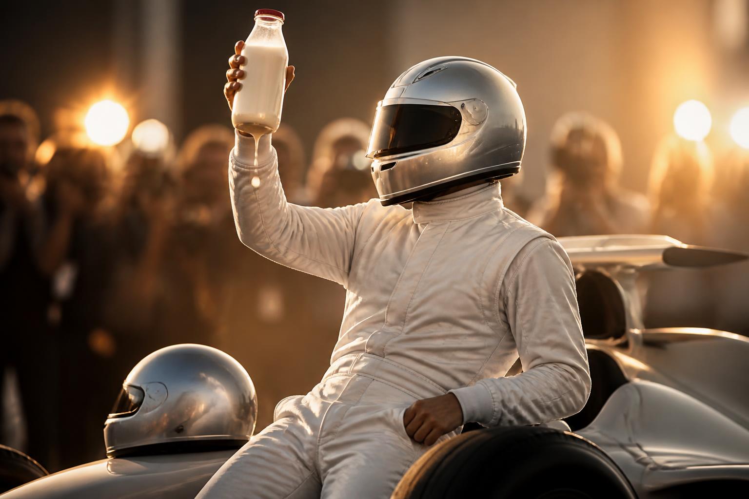 Piloto anónimo levantando una botella de leche fría sobre el auto en el victory lane del Indy 500