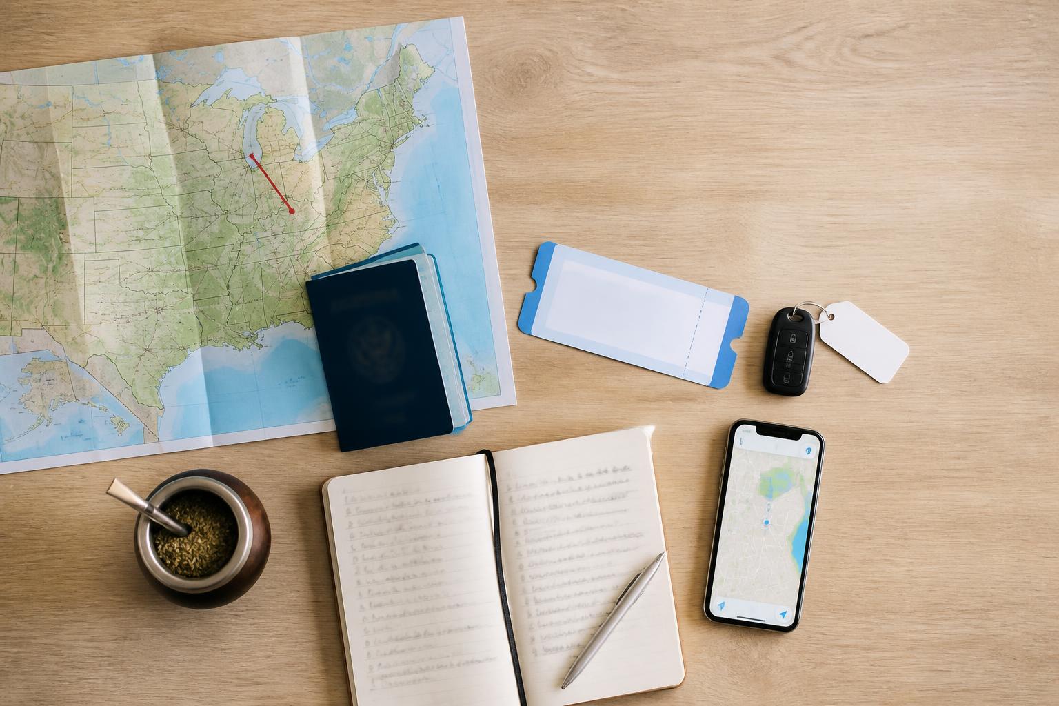 Flatlay de planificación de viaje a Indianapolis con pasaporte argentino, mapa de USA, mate y entrada de carrera