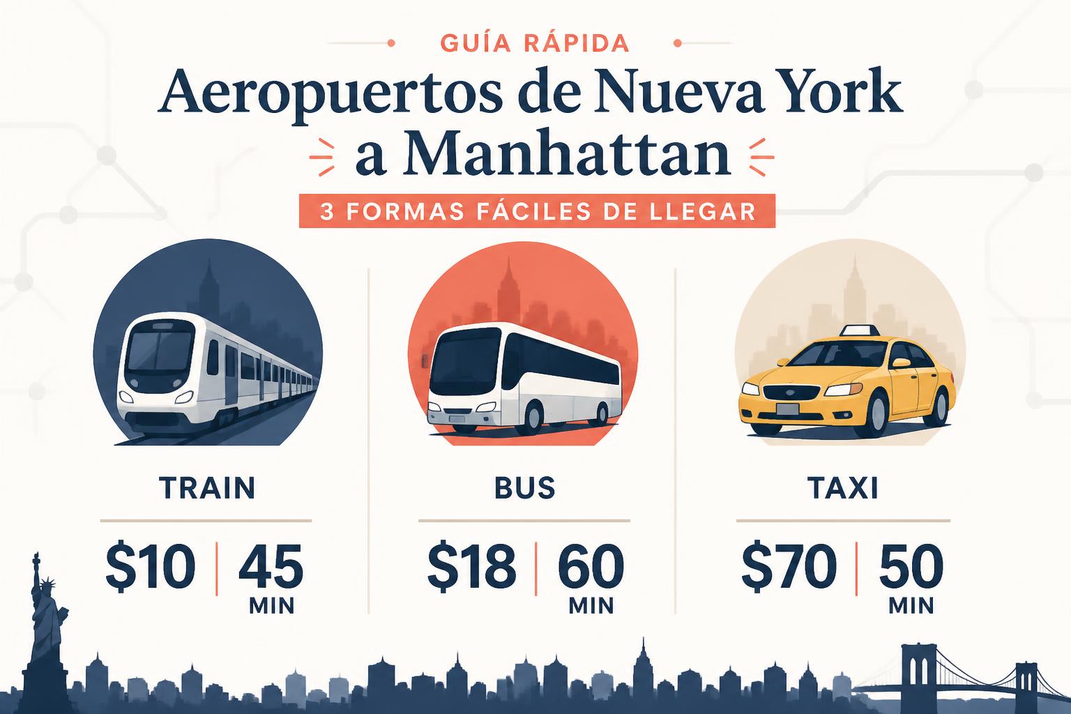 Infografía editorial limpia comparando las tres opciones de transporte desde aeropuertos a Manhattan: bloques visuales con iconos de tren, bus y taxi, valor en dólares aproximado y tiempo estimado, paleta navy, blanco y coral con etiquetas cortas
