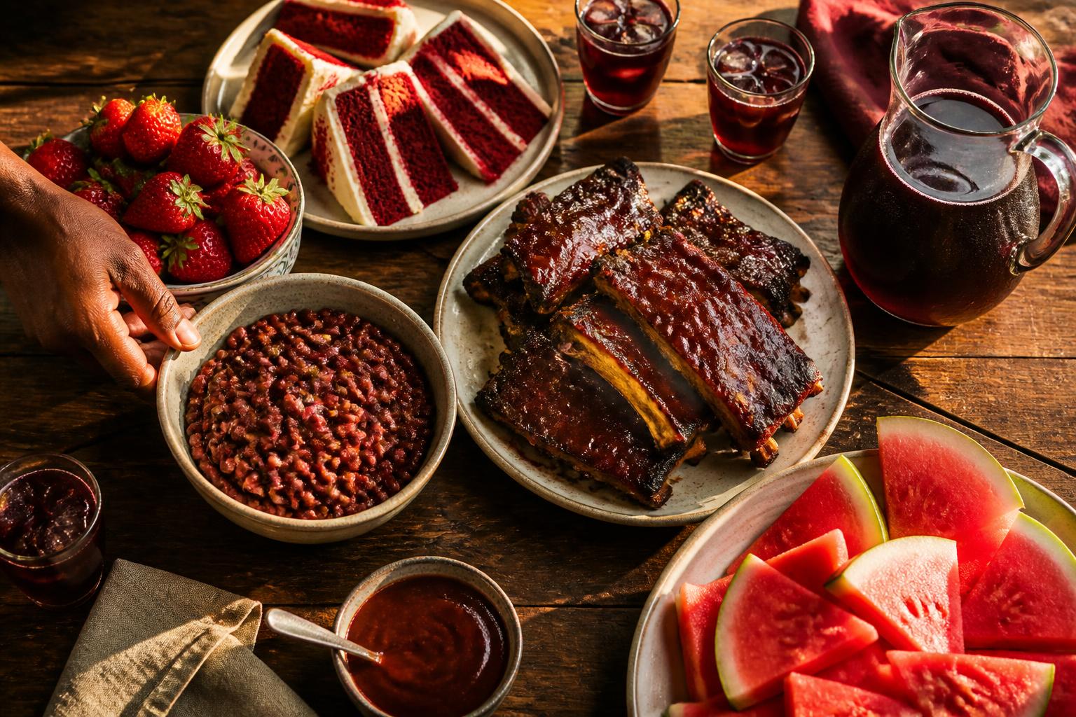 Mesa de Juneteenth vista cenital con sandia frutillas red velvet cake red soda y costillas BBQ en platos de ceramica iluminada con luz suave de tarde