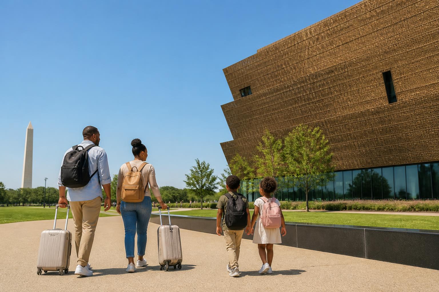 Familia diversa caminando con valijas y mochilas frente al National Museum of African American History and Culture en el National Mall de Washington DC con cielo azul claro