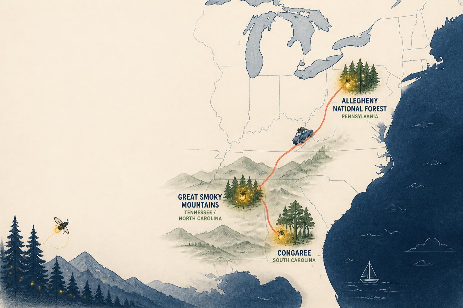 Mapa ilustrado del este de Estados Unidos con tres puntos marcados de luz dorada: Great Smoky Mountains, Congaree y Allegheny National Forest, unidos por una ruta suave con íconos de bosques y montañas