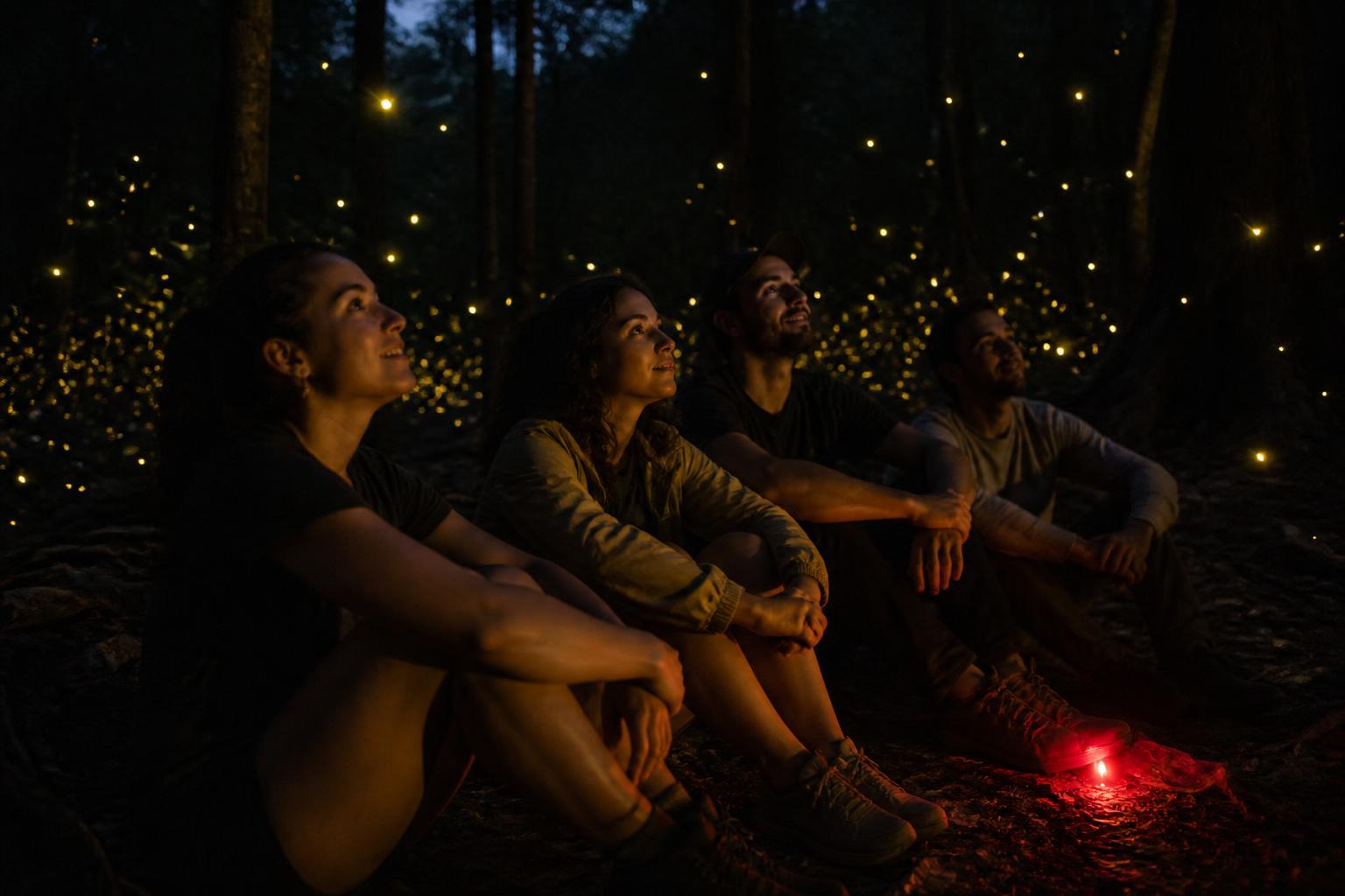 Grupo chico de viajeros sentados en el piso de un bosque a oscuras, las caras apenas iluminadas por el resplandor dorado de las luciérnagas, con una linterna forrada en celofán rojo apoyada en el suelo